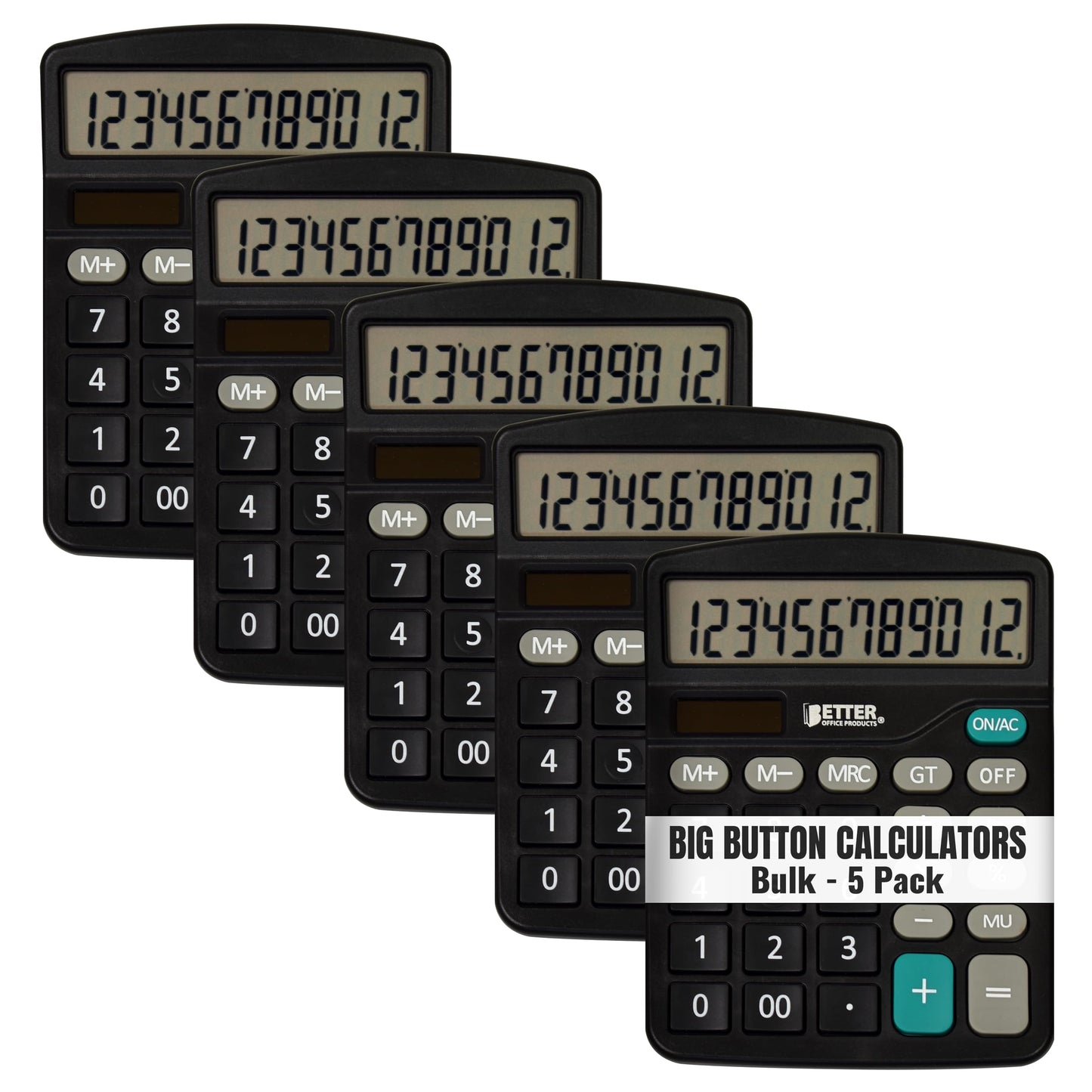 Better Office Products Large Desktop Calculators, 5 Pack, 12-Digit LCD Display, Angled Display Panel, Standard Function, Black, Dual Power