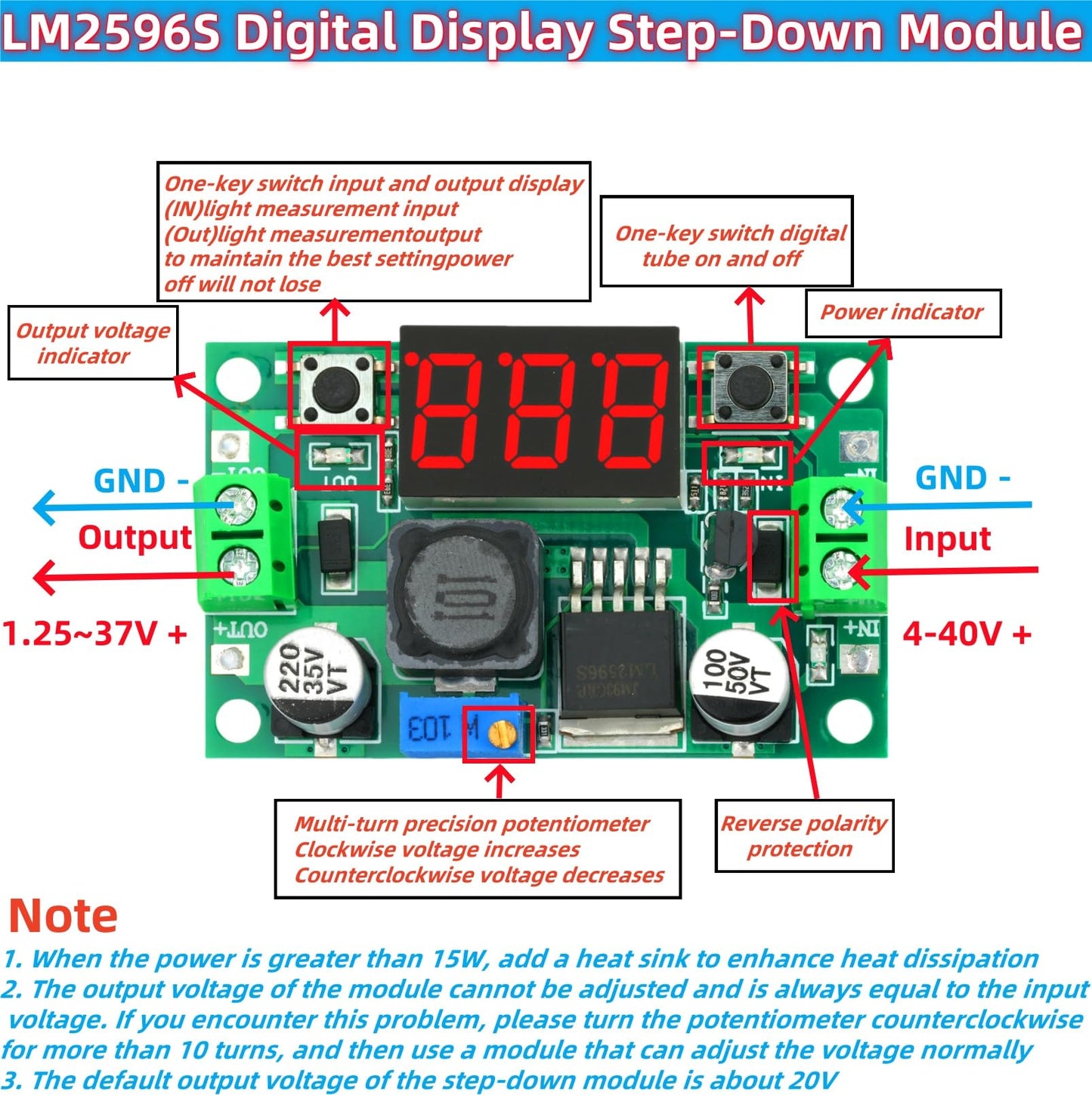 MTDELE 3Pcs LM2596 DC-DC Buck Converter Module Adjustable 4.0-40V Input Voltage Conversion 1.25V-37V Output Voltage with LED Digital Display