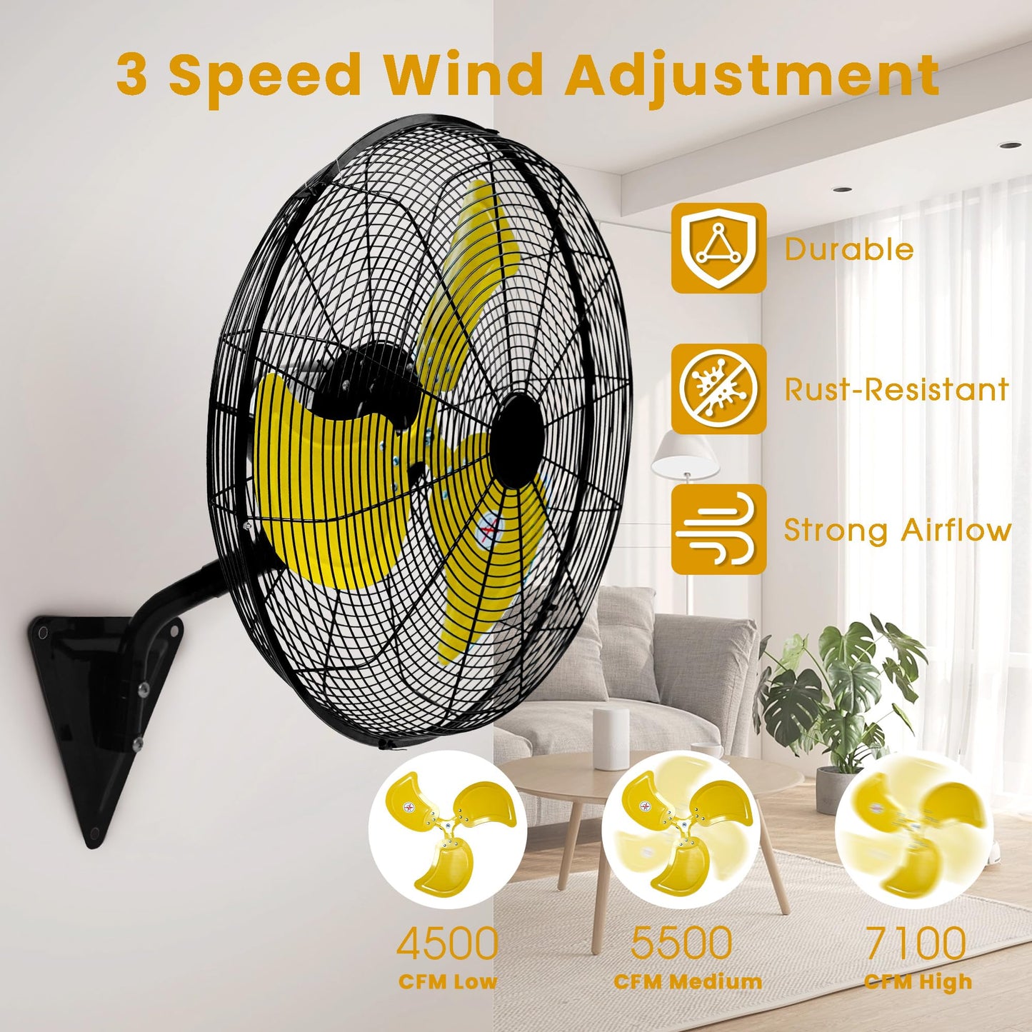 20" Industrial Wall Mount Fan, High Velocity 7100 CFM Metal Fan with 3 Speed Control, Adjustable Tilt , Heavy Duty Cooling Oscillating Fans