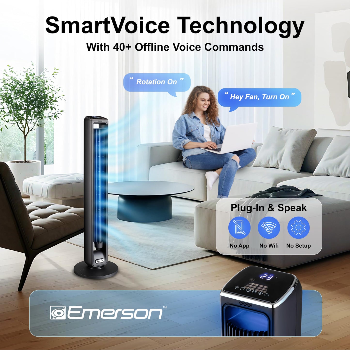 Emerson SmartVoice 42” Tower Fan, Wi-Fi-free Voice Control, No APP, No WIFI, No Setup, 70° Oscillating, 3 Wind Speeds, 15-Hr Timer, Oil Diffuser