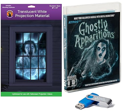 AtmosFX Ghostly Apparitions USB + 48" x 72" White Holographic Screen for Halloween Projection