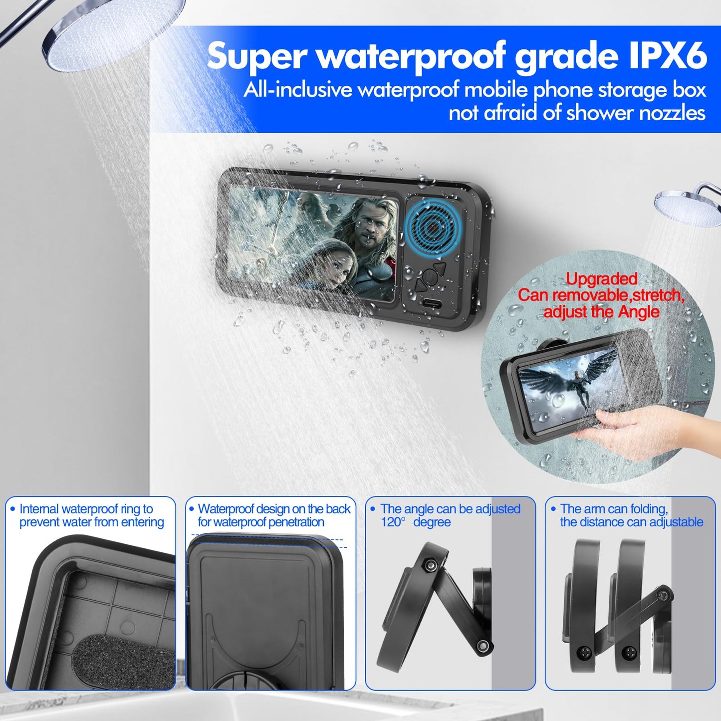 Wireless Bluetooth Speaker for Bathroom , Shower Phone Holder Speaker , Waterproof 360 Rotation Viewable Shower Phone Case Speakers for Bathroom Wall