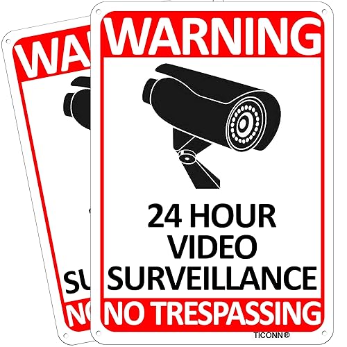 TICONN 2-Pack 24 Hour Video Surveillance Sign, No Trespassing Aluminum Warning Sign, 10’’x7’’ for CCTV Security Camera - Reflective, UV Protected