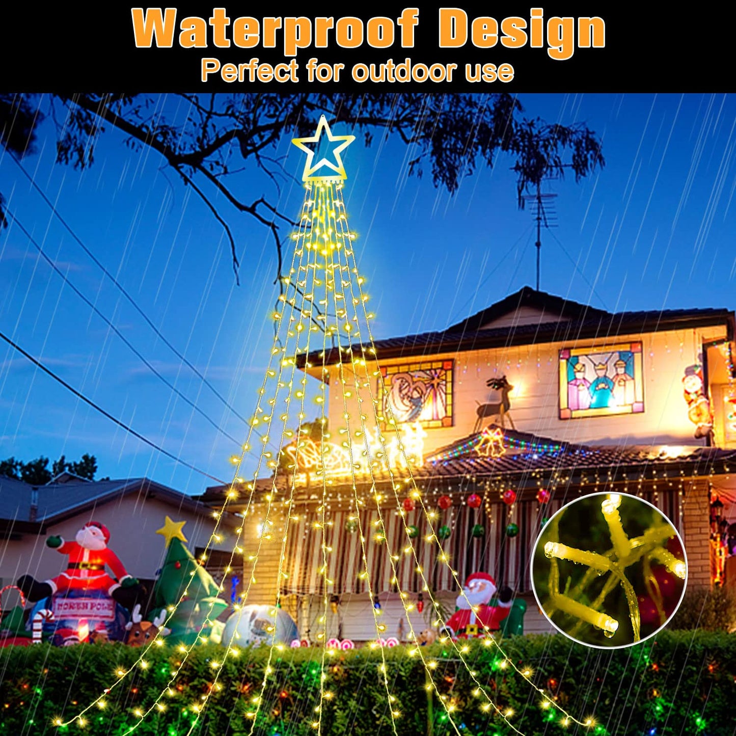 Outdoor Christmas Decorations Star String Lights, 317 LED 11.5 ft Waterfall Tree Lights with 8 Memory Lighting Modes&Timer Christmas Star Lights