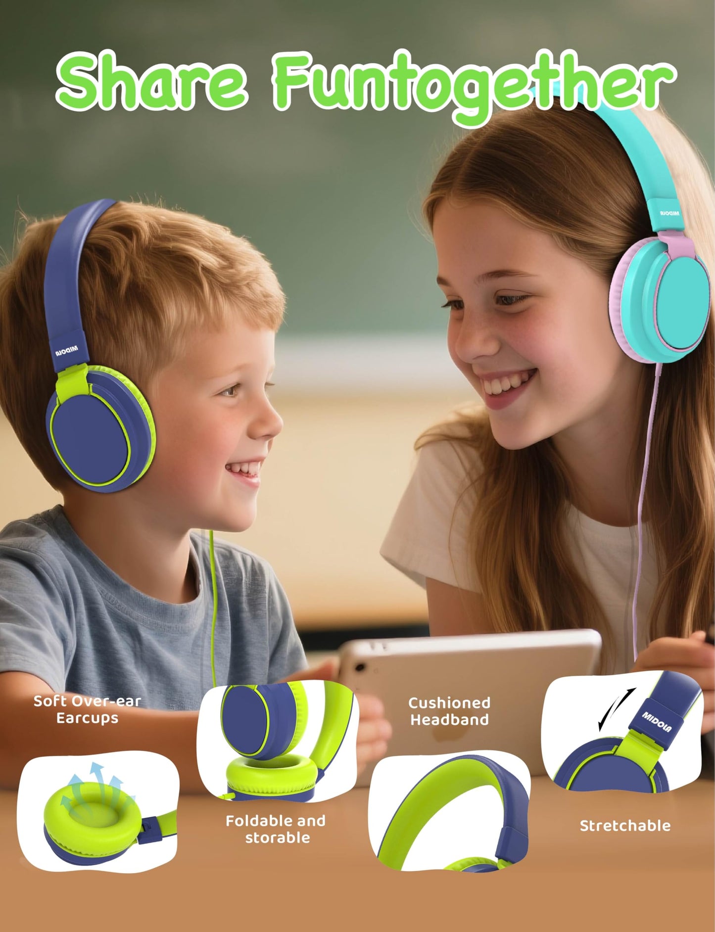 MIDOLA Volume Limited 85/110dB Kids Headphone Over-Ear/On-Ear Foldable Sound Noise Protection Headset with Inline AUX 3.5mm Cord w/Mic for Child…