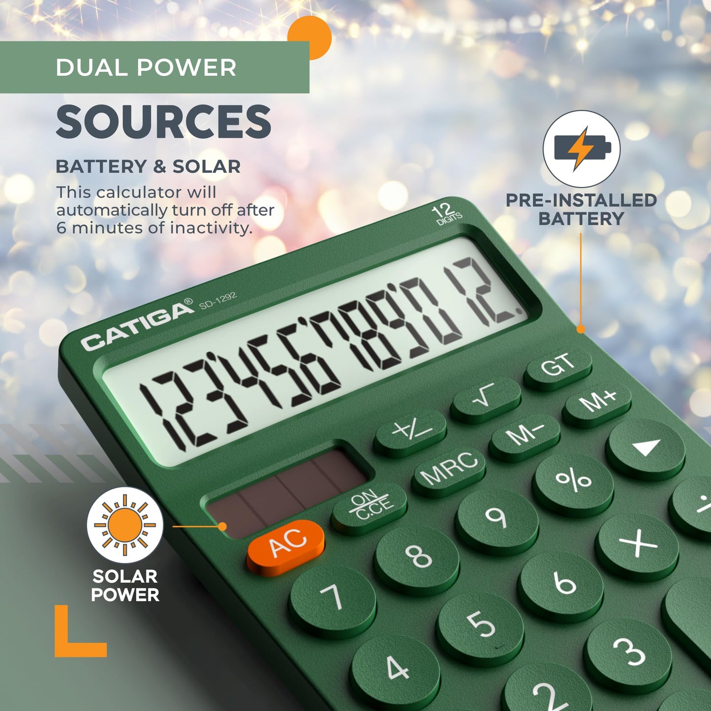 CATIGA 12 Digit Desktop Calculator Basic Desk Calculator with Large LCD Display, Big Buttons, 4 Function, Solar and Battery Dual Power, for Office