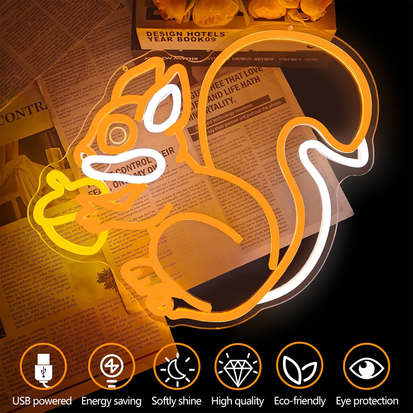 Squirrel Neon Sign for Wall Decor Squirrel Holding a Pine Cone Neon Light Dimmable Led Orange Lamp for Bedroom Cute Animal Light Up Sign for Christmas