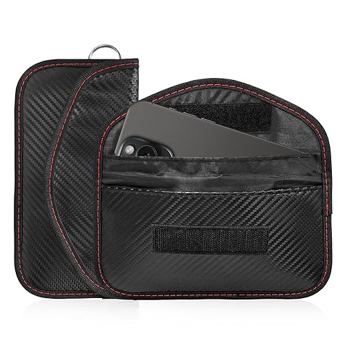 Pxobiug 2 PCS Faraday Pouch for Car Keys, Anti-Theft Key Fob Protector Faraday Bag with Sticky Fastener, Anti-Hacking Carbon Fiber RFID Signal