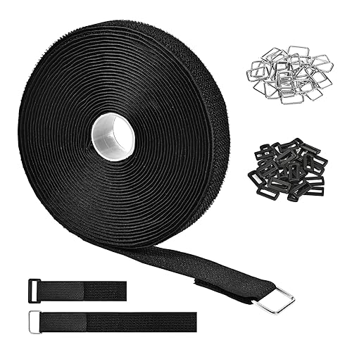 TPSUIPA 1" x 39ft Nylon Hook and Loop Straps Roll with 30 Metal & 30 Plastic Buckles, Adjustable Reusable Cut-to-Length Ties for Home Office Garage