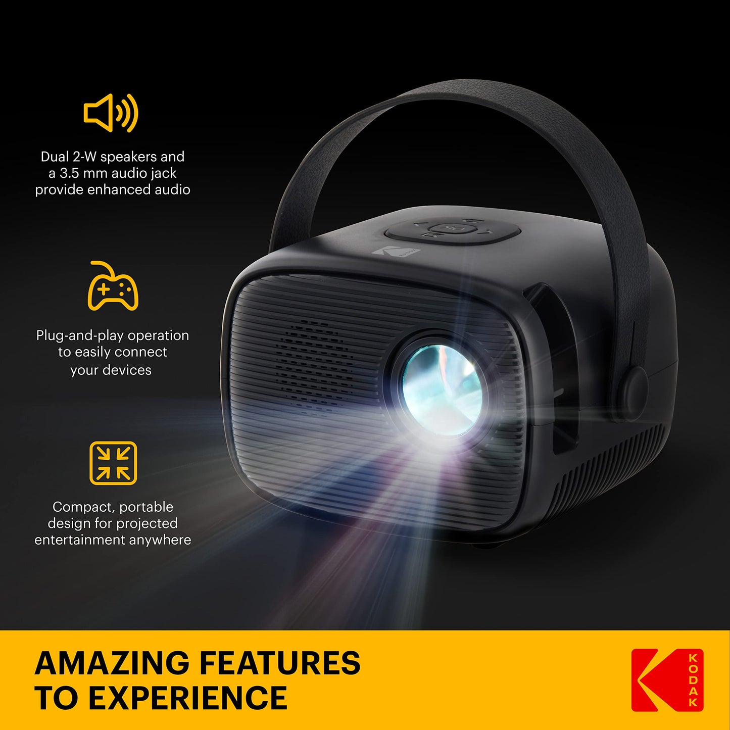 KODAK FLIK X2 Mini Pico Projector | Portable 100” Projector with Remote Control, Speakers & Carry Handle Plays Movies, TV & Games | Compatible