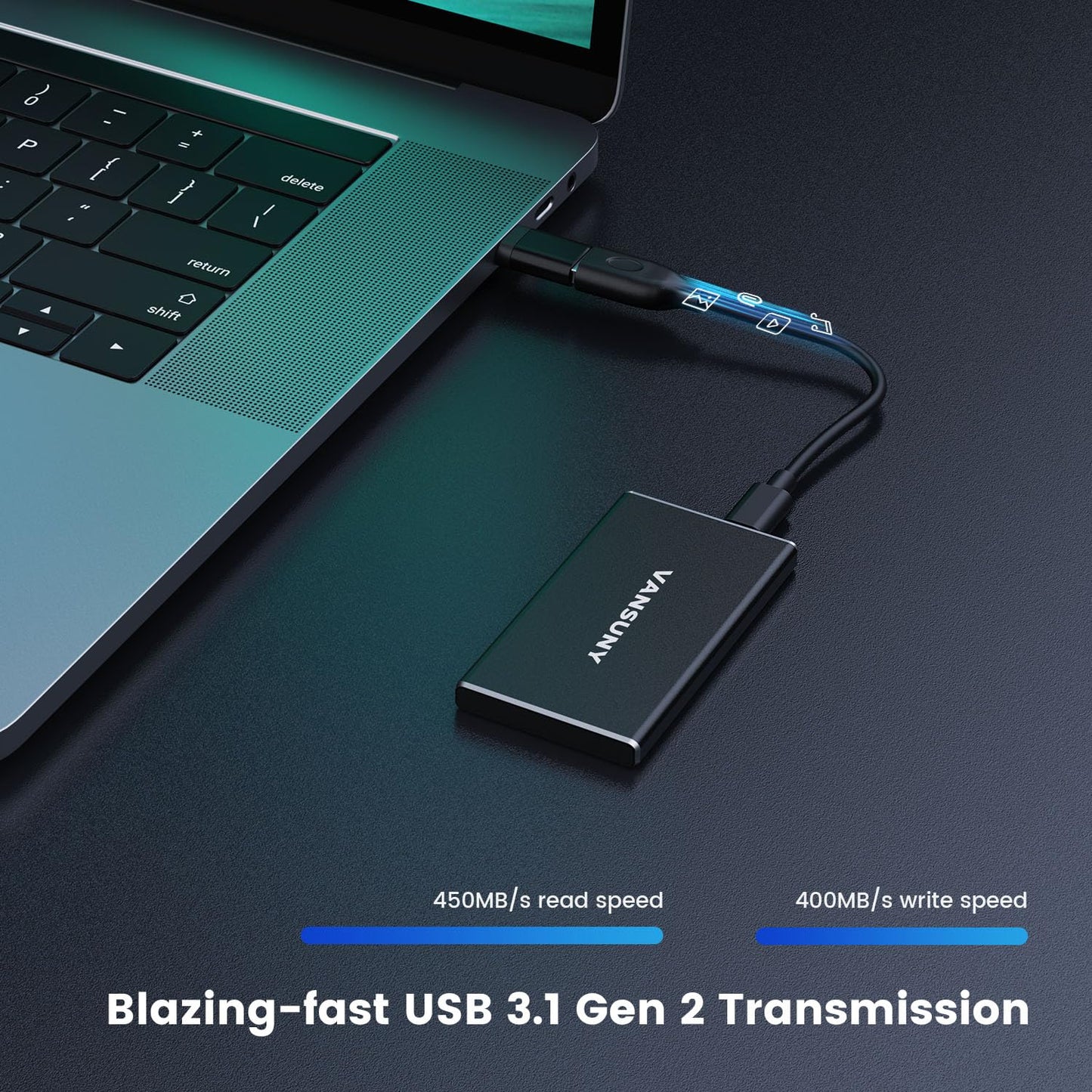Vansuny 500GB Portable External SSD, USB 3.1 Gen2 450MB/s High-Speed Data Transfer, Metal USB C Mini Portable External Solid State Drive for PC