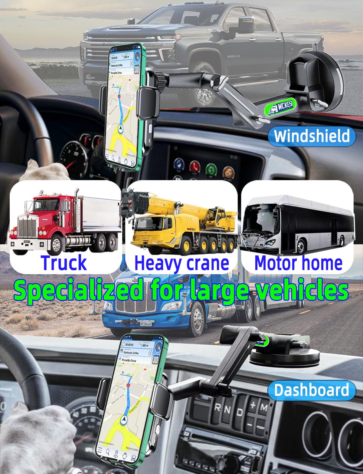 WCKESI Truck Phone Holder Wireless Car Charger Mount, 15W Fast Charging Vacuum Phone Holder 14 Inch Long Arm Heavy Duty Pickup Windshield