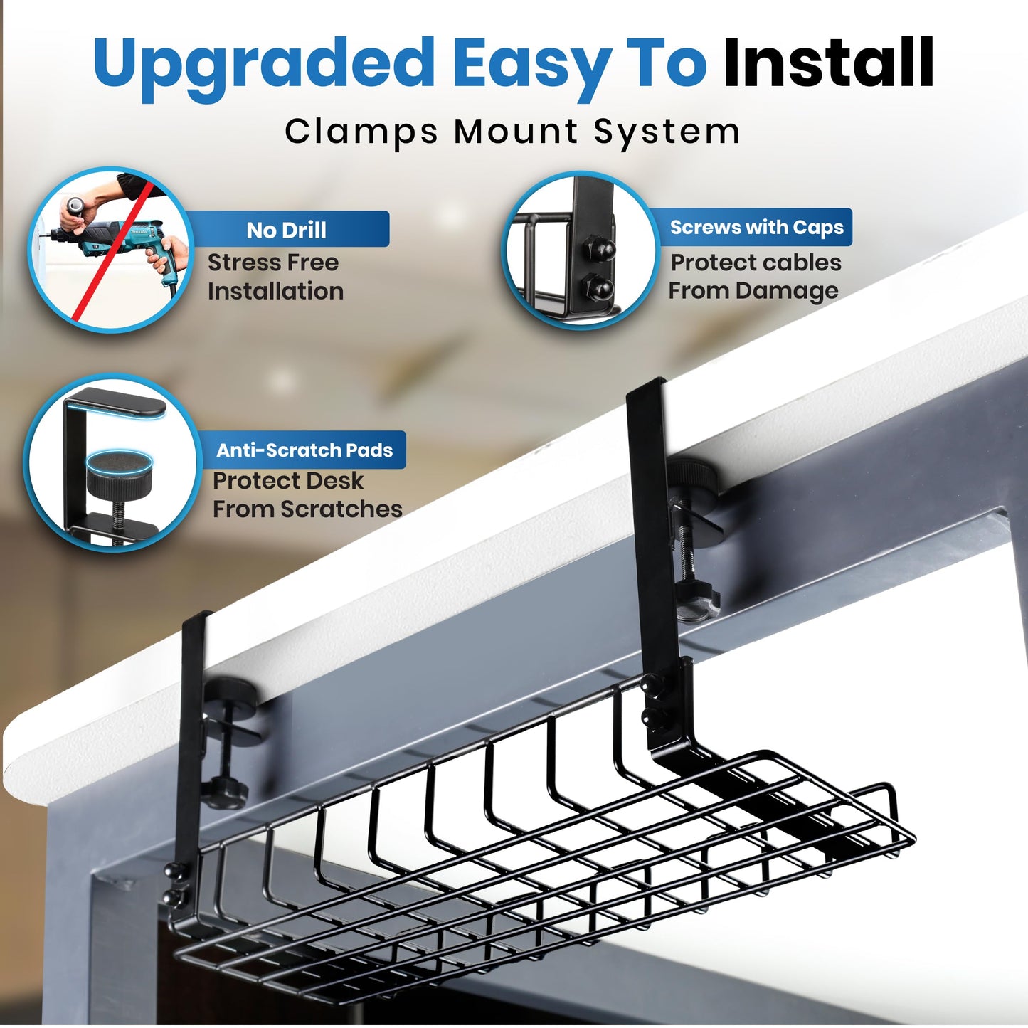 Under Desk Cable Management Tray, 16” No Drill Cord Organizer with Clamps for Wire Management, 4mm Sturdy Wire Desk Cable Organizer Tray, Cable