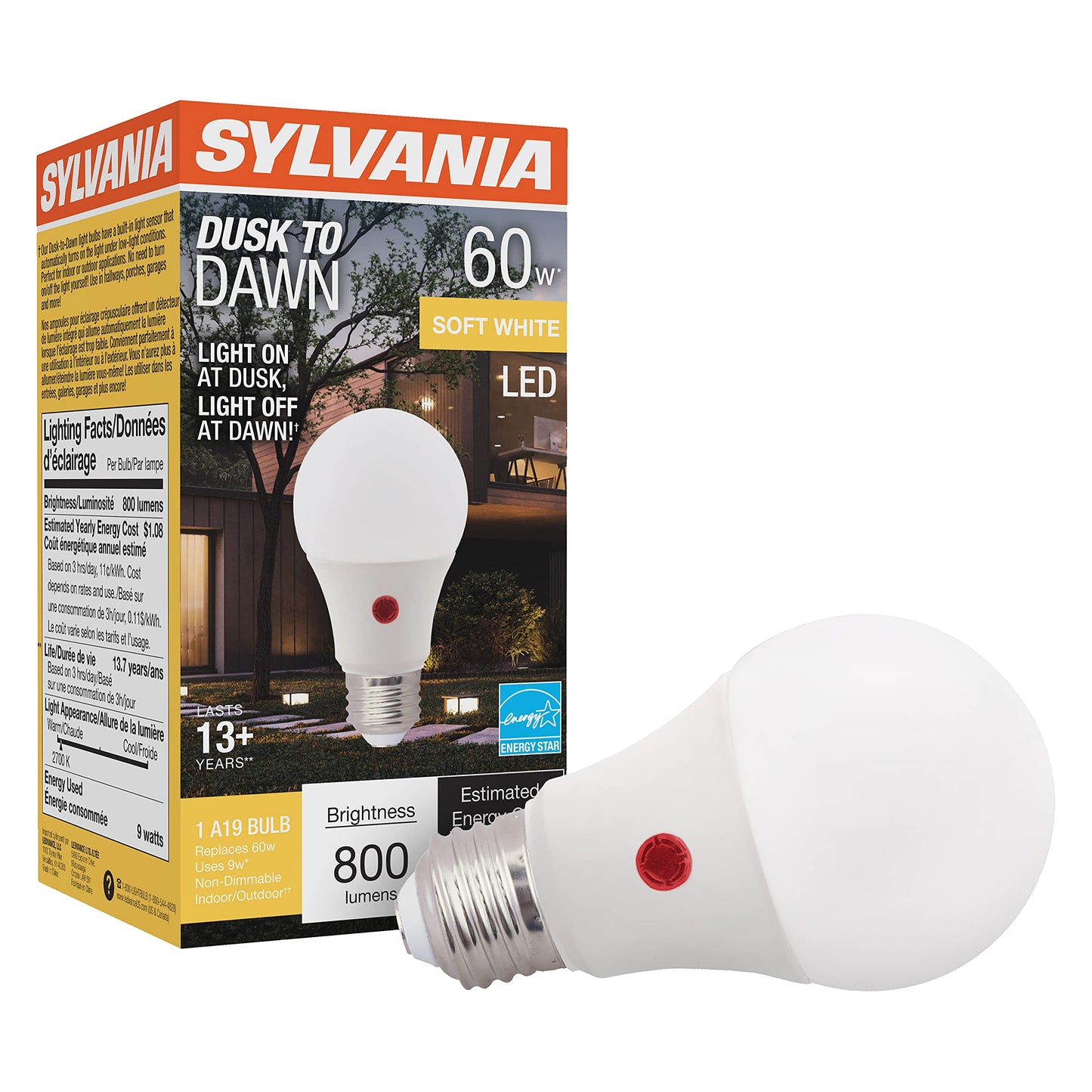 Sylvania Dusk to Dawn A19 LED Light Bulb with Auto On/Off Light Sensor, 60W=9W, 800 Lumens, 2700K, Soft White - 1 Pack (41288)