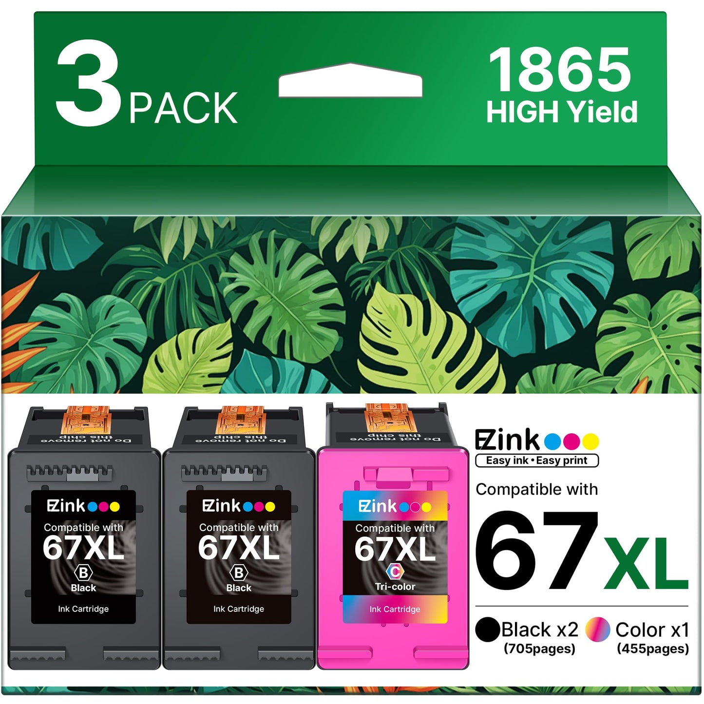 67XL Ink Cartridge Black/Color Combo Pack Remanufactured for HP Ink 67 67XL