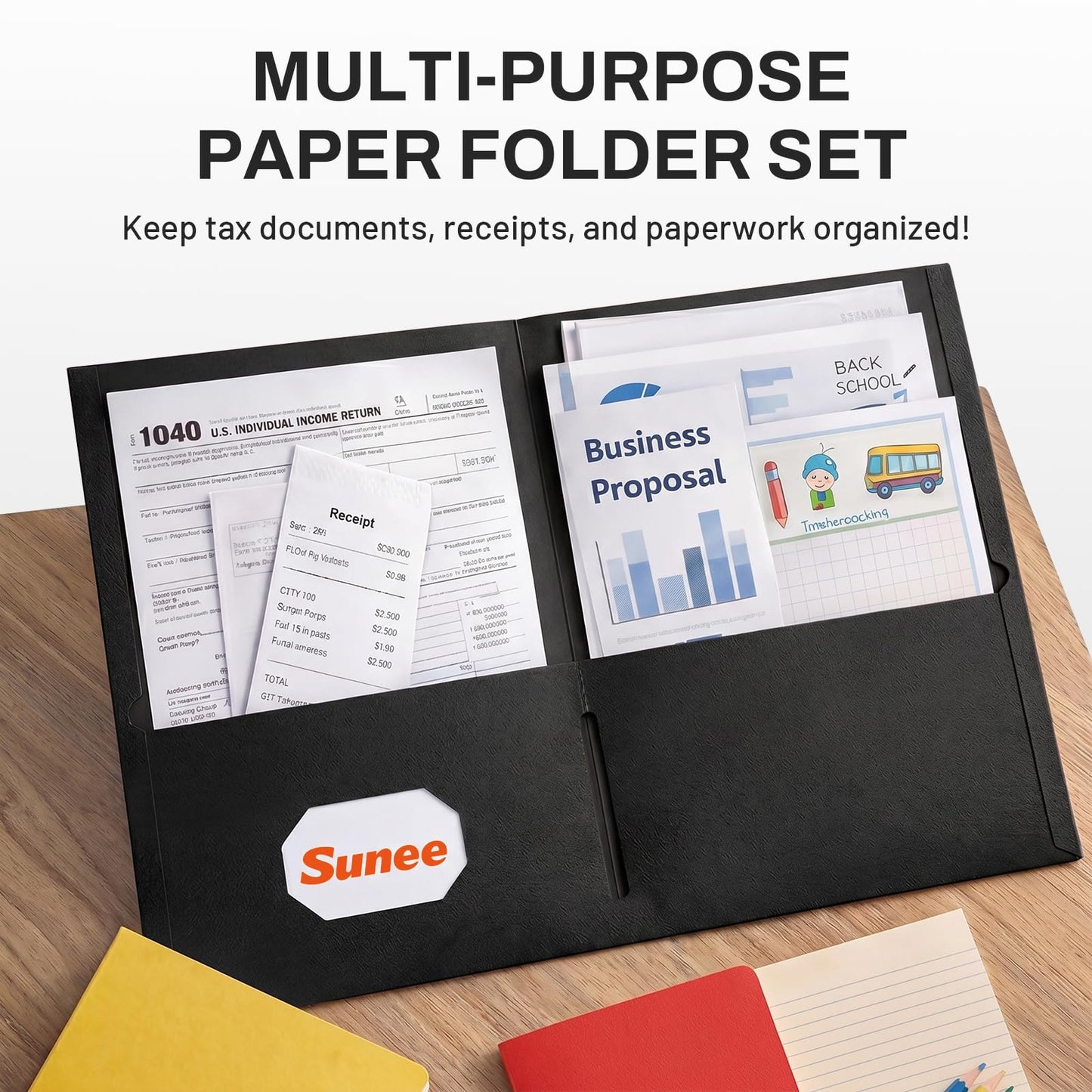 SUNEE Folders with Pockets(25 Pack, Black), 2 Pocket Folders Fit Letter Size Paper, Paper File Folder for School Office Home Bussiness