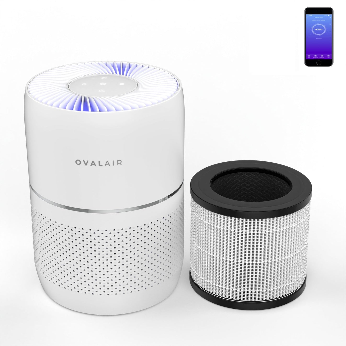 OVAL AIR AIR2000A 3-Stage H13 Smart True HEPA Desk Air Purifier for Rooms up to 150 sq. ft. reduces Pet Odor, Smoke, White