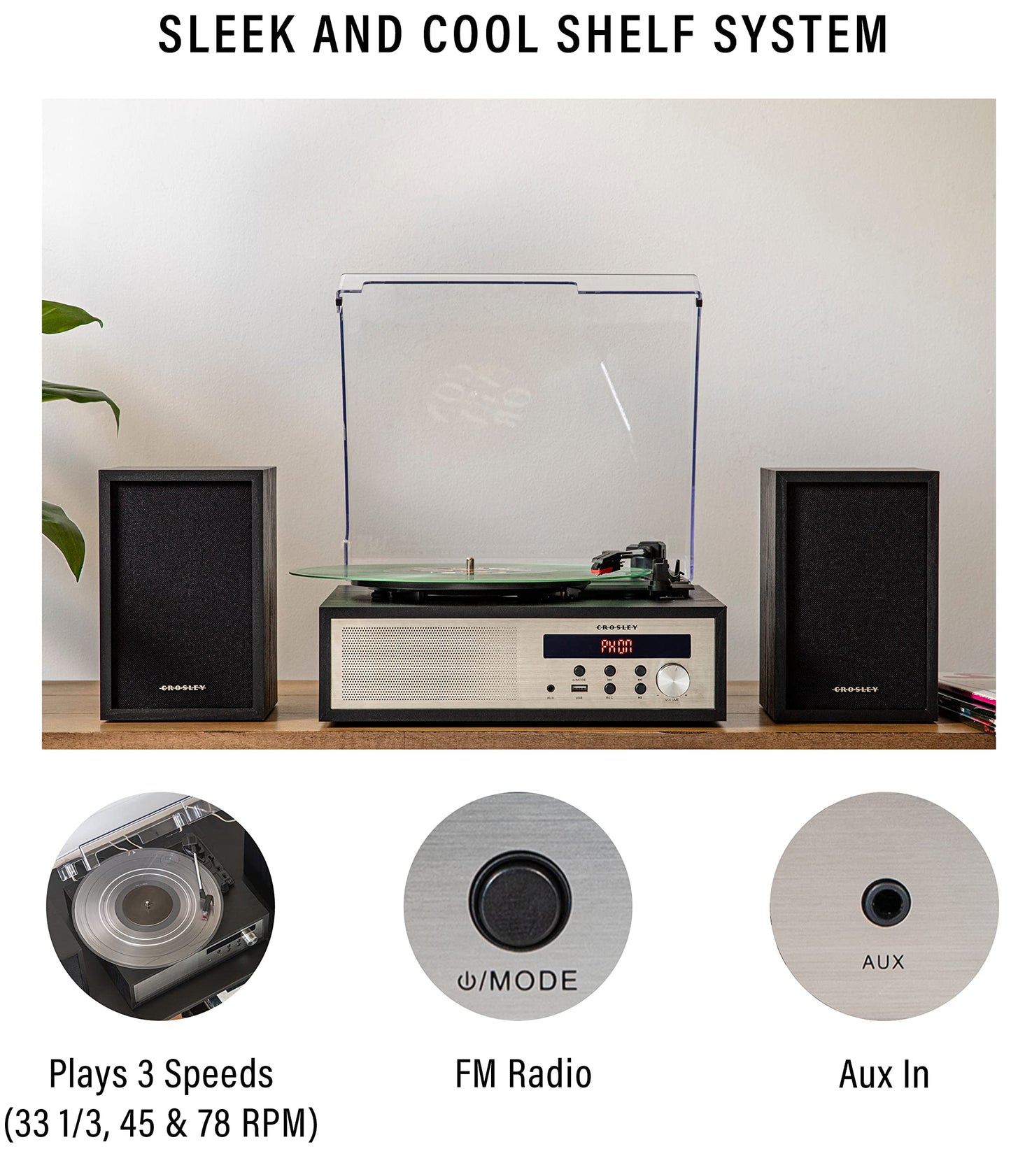 Crosley CR7022A-BK Sloane 3-Speed Bluetooth Turntable and FM Radio Shelf System with Matching Stereo Speakers, Black