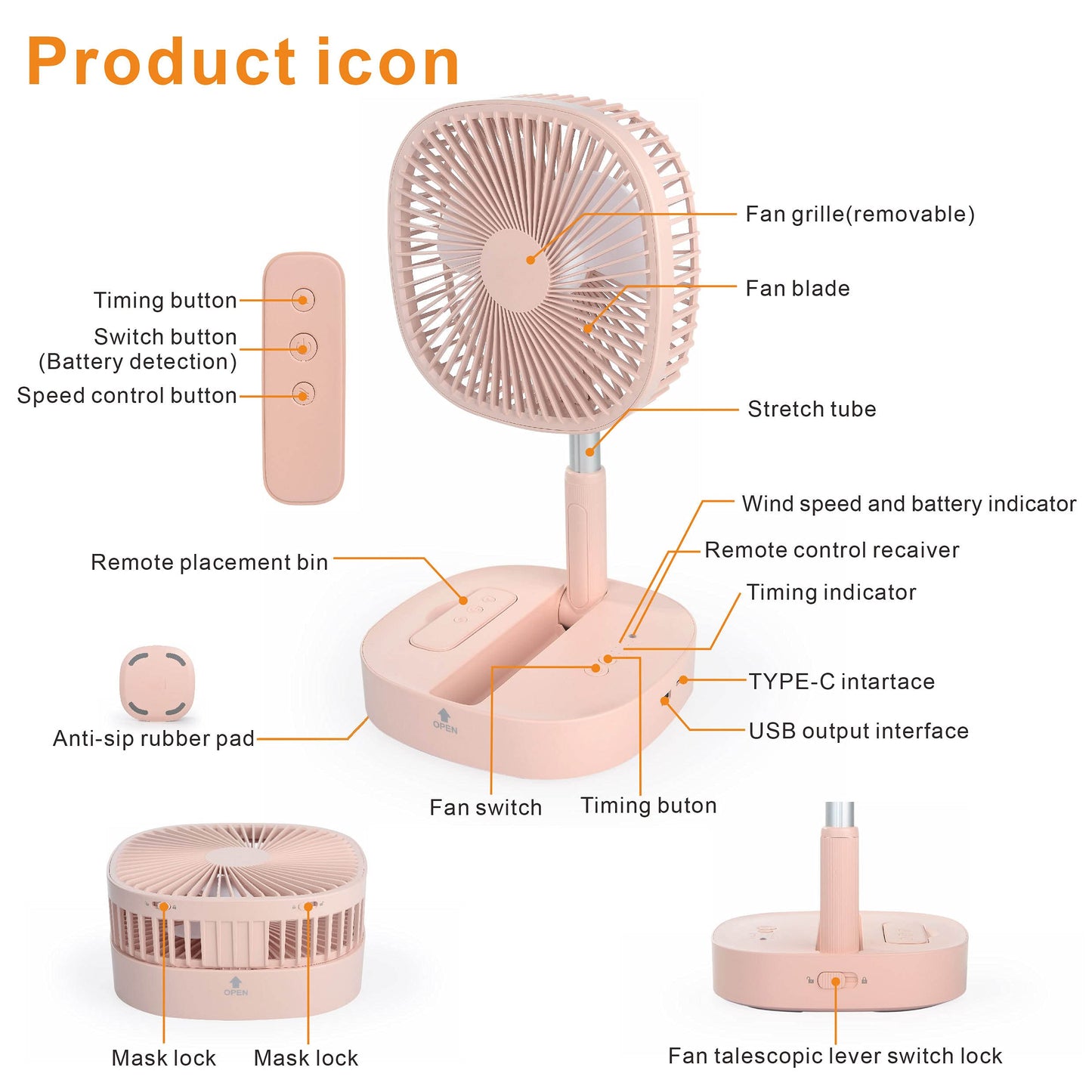 Magesh Portable Pedestal Fan - Foldaway Standing Fan Foldable Desk Fan, Use 7200Mah Rechargeable Battery, Remote Control Telescopic 4 Speed Quiet