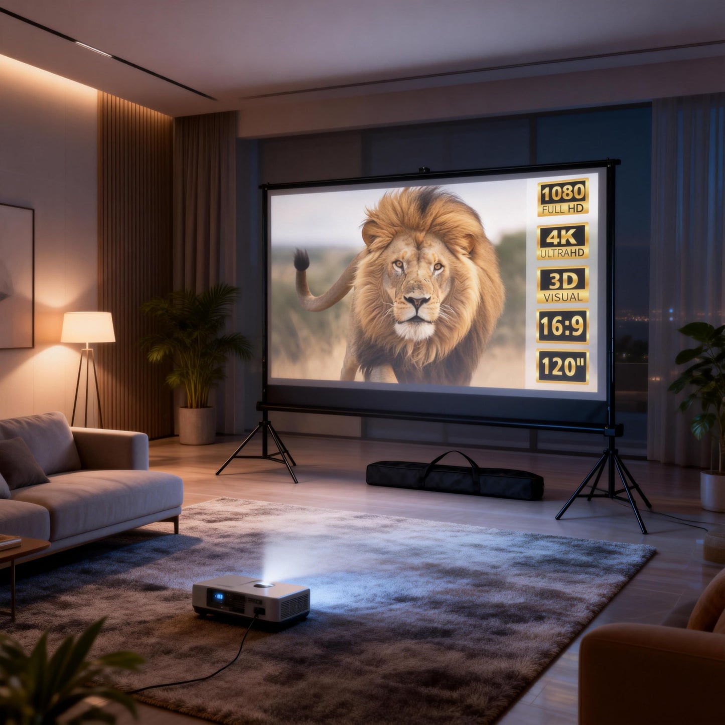 TOPPOY 120 inch Projector Screen with Stand Movie Screen Portable Indoor Outdoor 16:9 Format 4K HD Wrinkle-Free Foldable Design & Easy to Setup