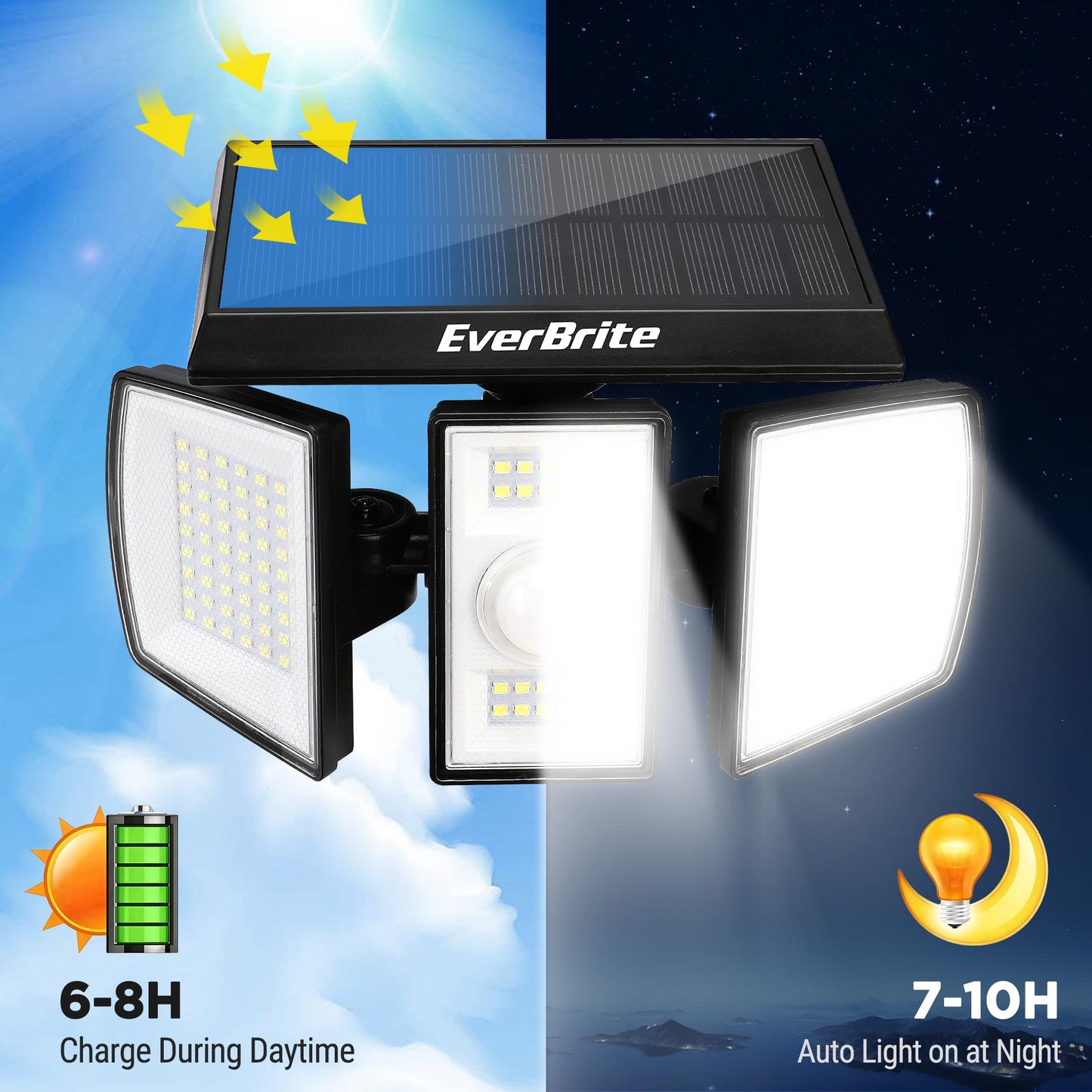 EverBrite Solar Lights Outdoor, 128 LED 7000K Motion Sensor Outdoor Lights, 3 Heads Security LED Floodlights, IP65 Waterproof, 270° Wide Angle Outdoor