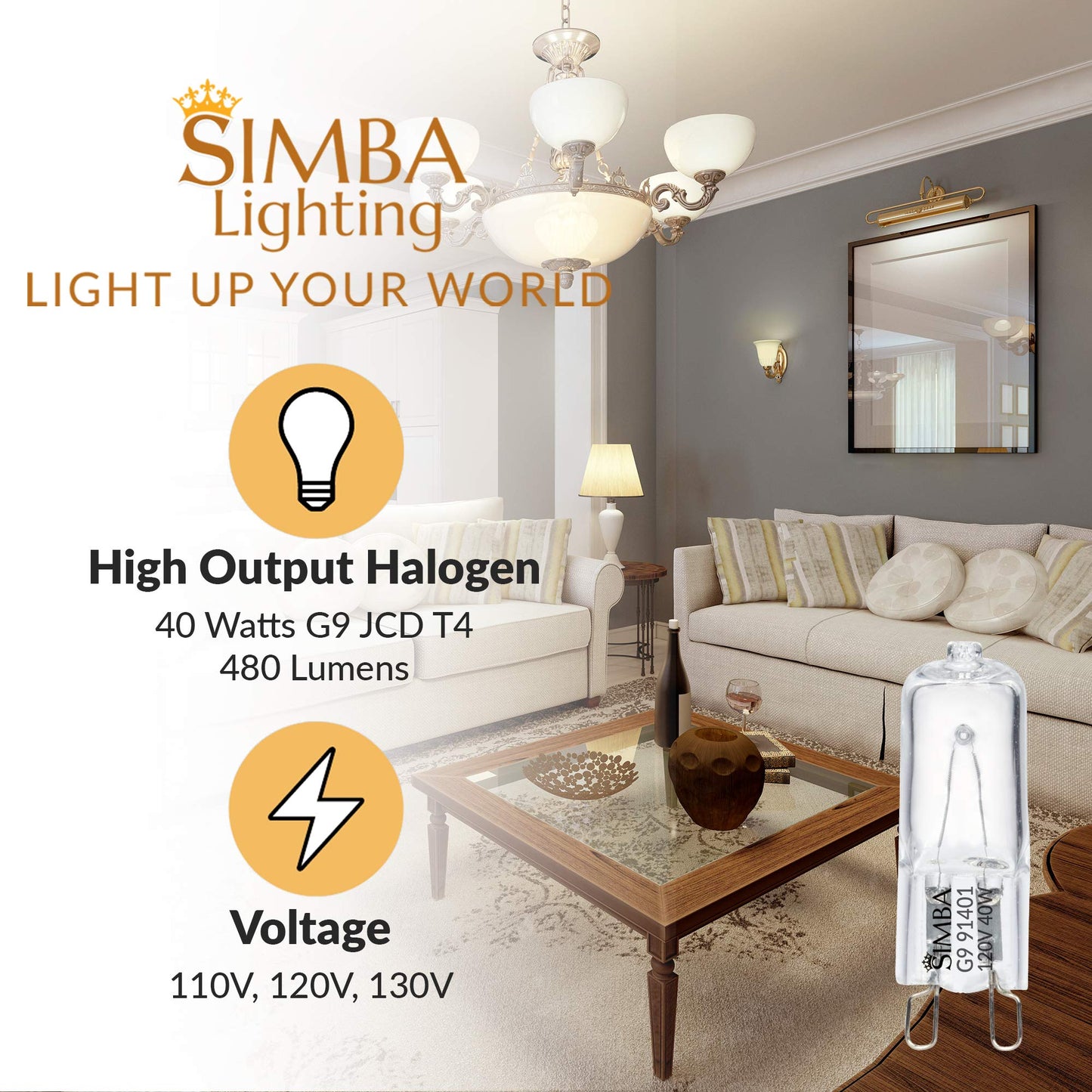 Simba Lighting Halogen Light Bulb G9 T4 40W JCD Bi-Pin 120V, 2700K, 10 Pack