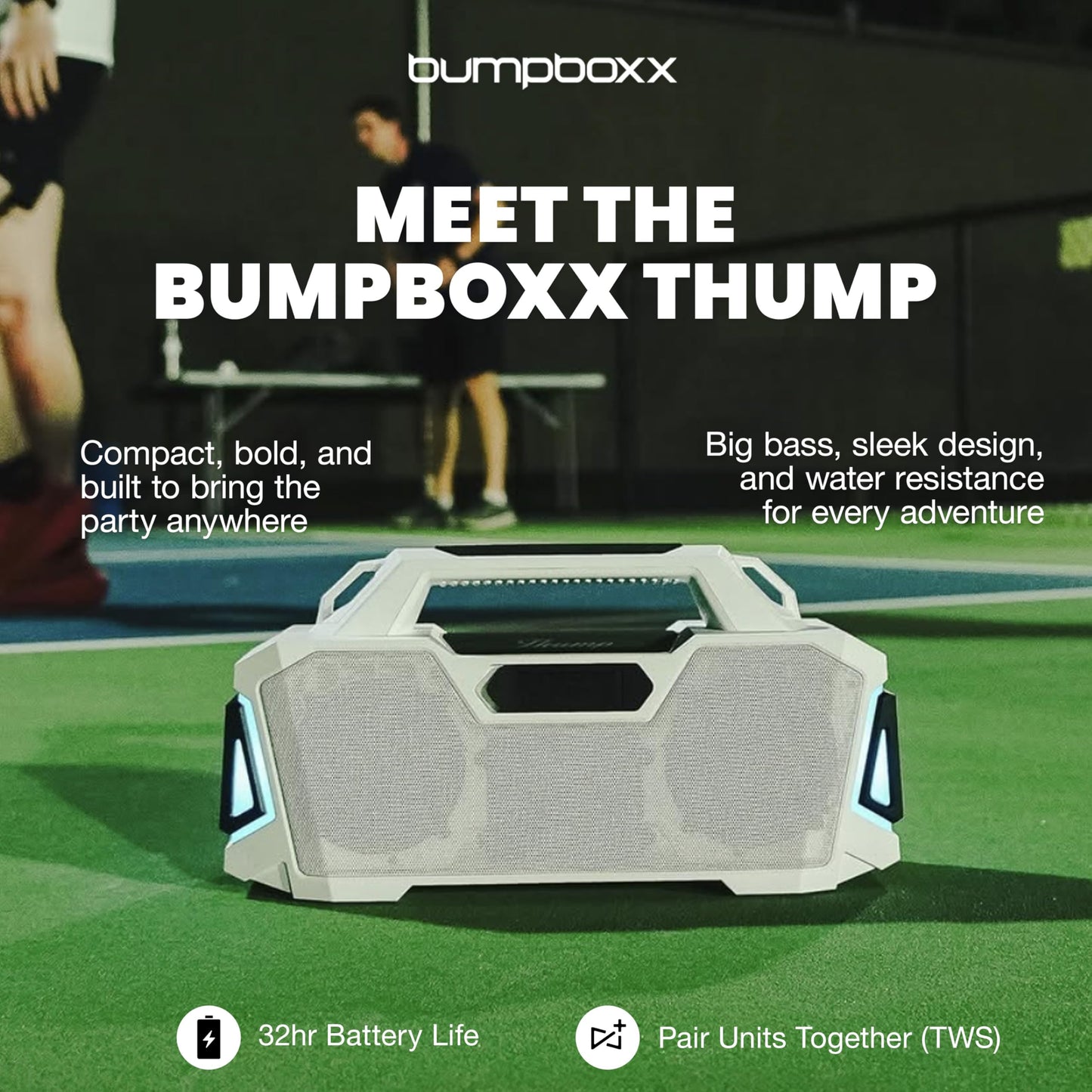 Bumpboxx Bluetooth Retro Boombox Thump, Up to 32-Hour Play Time, Rechargeable Battery, TWS Pairing, IPX6 Water Resistant Boombox with Powerful Bass
