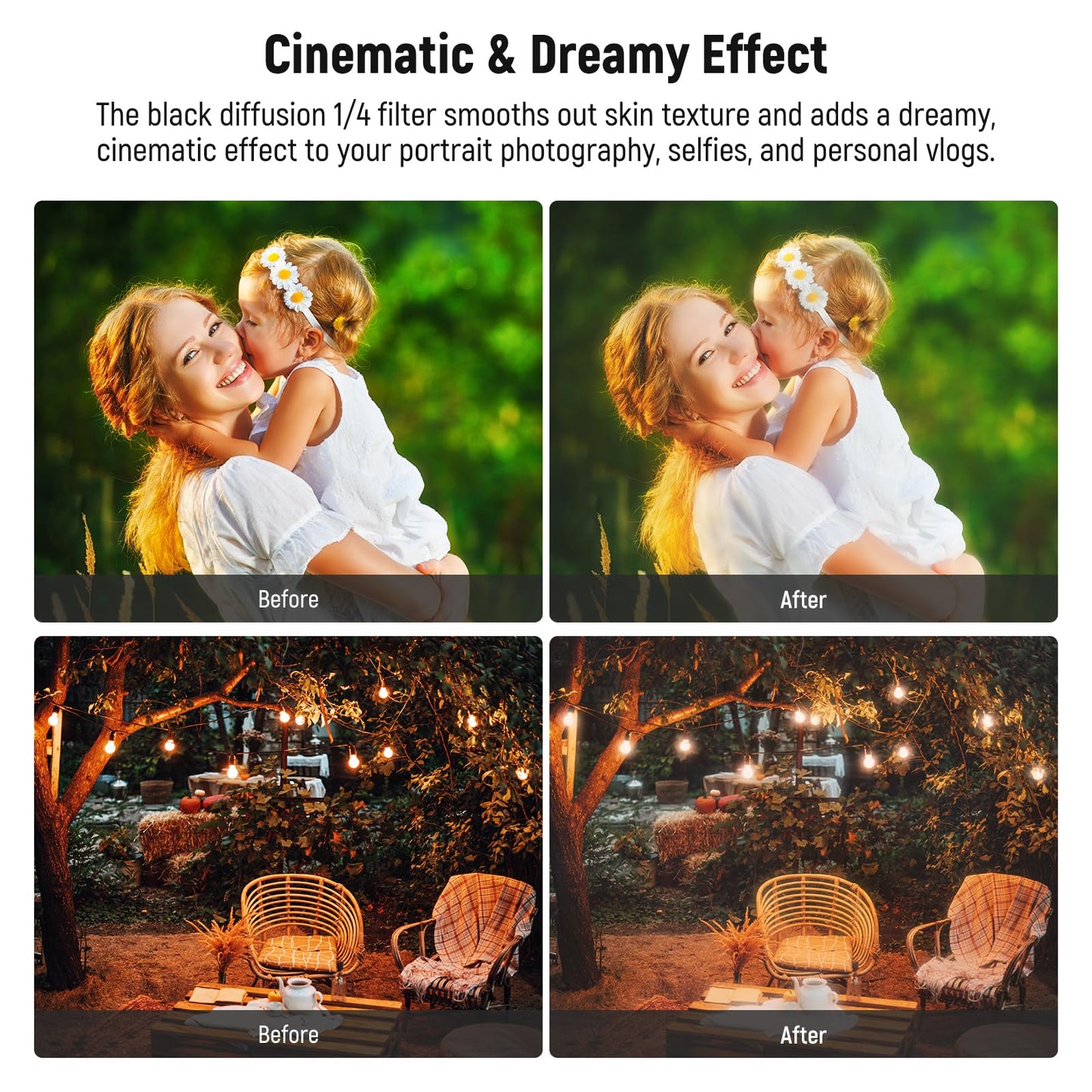 NEEWER 58mm Variable ND & Black Diffusion 1/4 Filter Set, 2 Pack Multicoated Optical Glass Neutral Density ND2-400 & Dreamy Soft Cinematic Effect