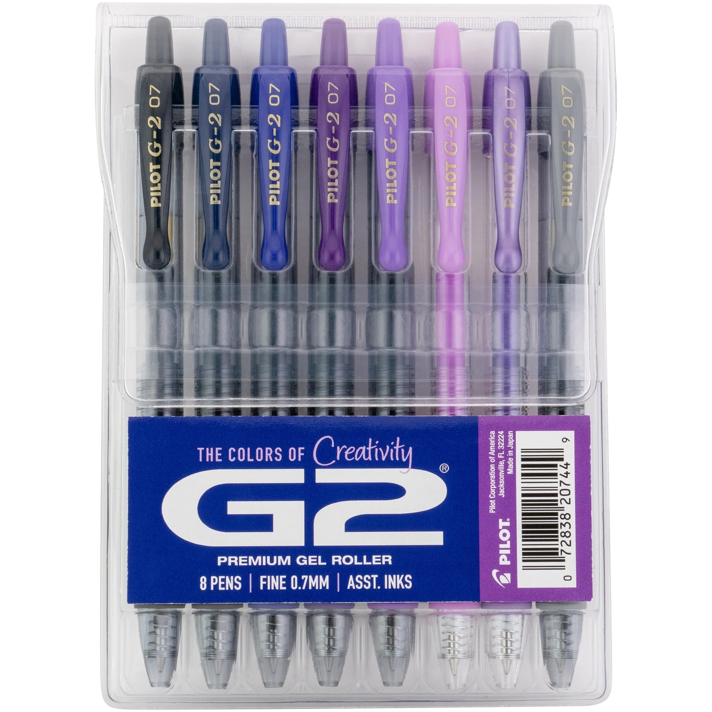 Pilot G2 Premium Gel Roller Pens, G2 Boost Purple Pens Pack, The Colors of Creativity, 8 Pack Pouch, Fine Point 0.7 mm, Assorted