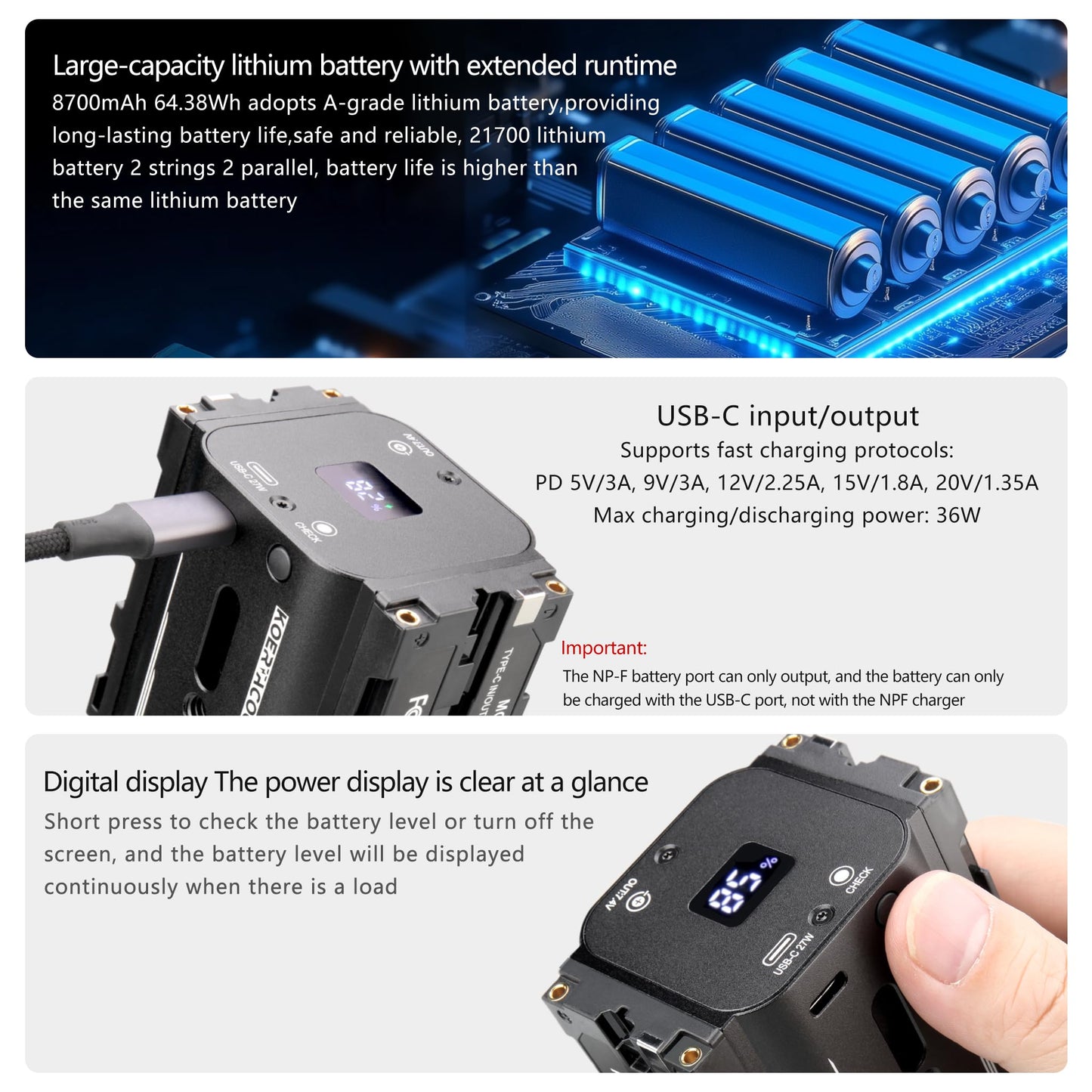 KOERTACOO Dual-Sided NP-F Battery (8700mAh), with DC 7.4V and Type-C Ports, LED Display, Replacement for Sony NP-F550/770/970 Battery, Suitable