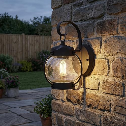 Lucande 10.2" Outdoor Wall Light, Rustic Lantern Sconce with Bubble Glass Shade, Rust Brown Exterior Light for Porch Decor Front Door Garage Patio