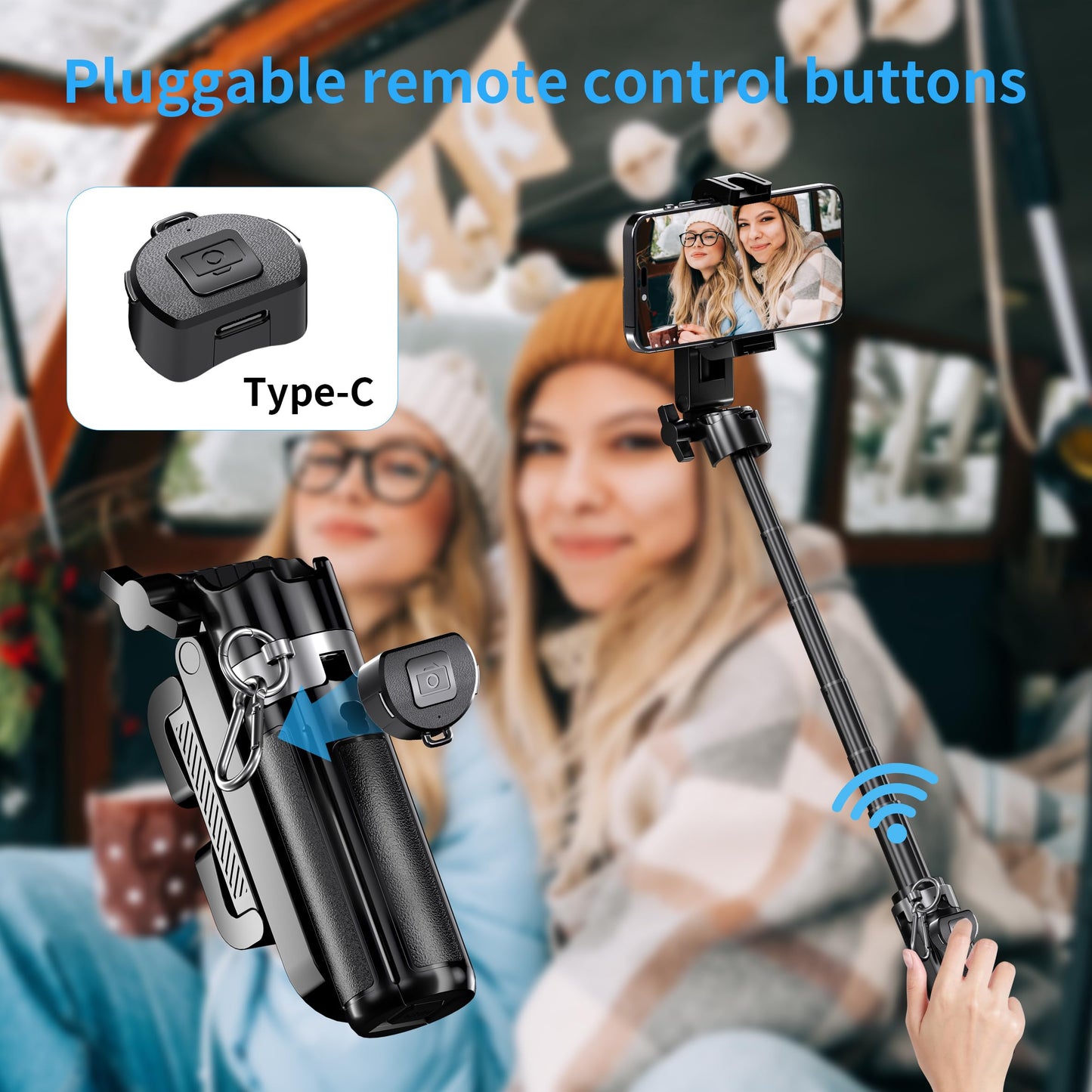 GripPic Mini Selfie Stick Tripod Stand for iPhone ?6-Section Adjustable Height Extension (12-42cm)?10 Meter Remote One Click Control ?Suitable