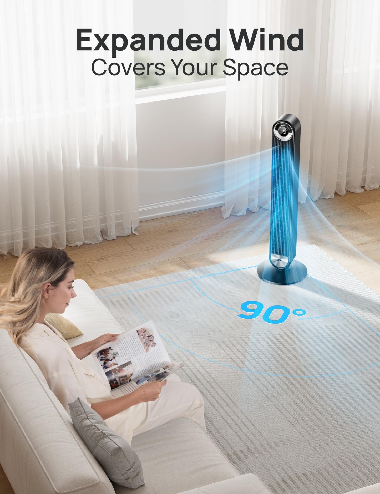 DREO Tower Fan for Bedroom, Upgraded DC 28ft/s Velocity, 9 Speeds