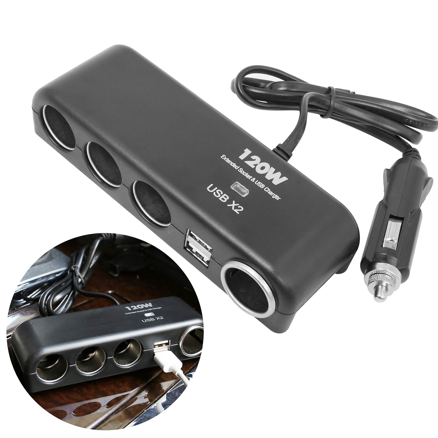 4 Way Car Charger Splitter Power Adapter with Multi Socket Dual USB 12V-24V Plug Charger for iPhone iPad Samsung GPS Dashcam