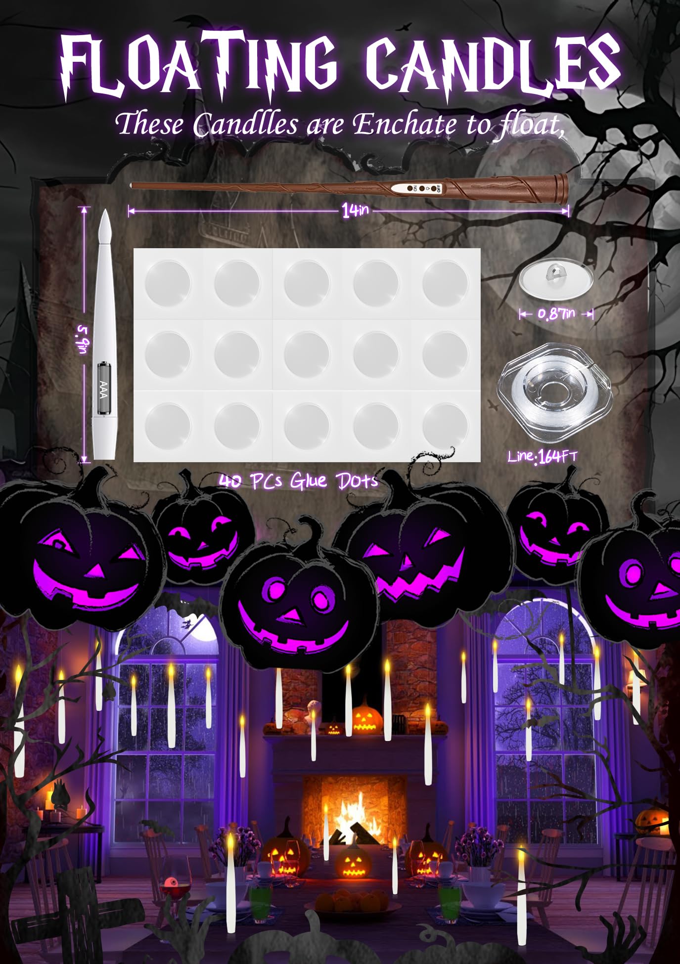 Dreacompy Halloween Decoration, Floating Candles with Wand, 10 PCs Flameless Magic Hanging Candles with 11 AAA Battery, Flickering Warm Light Floating