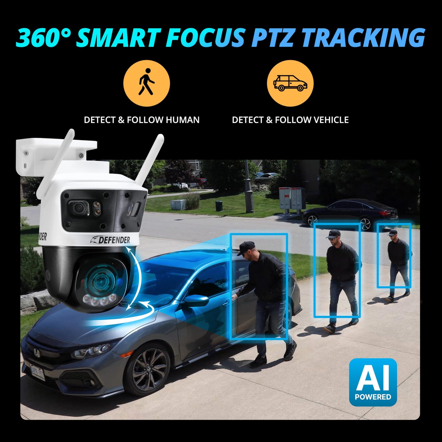 Defender AI Powered 3K+ Guard WiFi Tri-Lens PTZ Plug-in Power Outdoor Security Camera, 3-in-1, 360°, 8X Zoom, Human/Vehicle AI Detection, Blue/Red