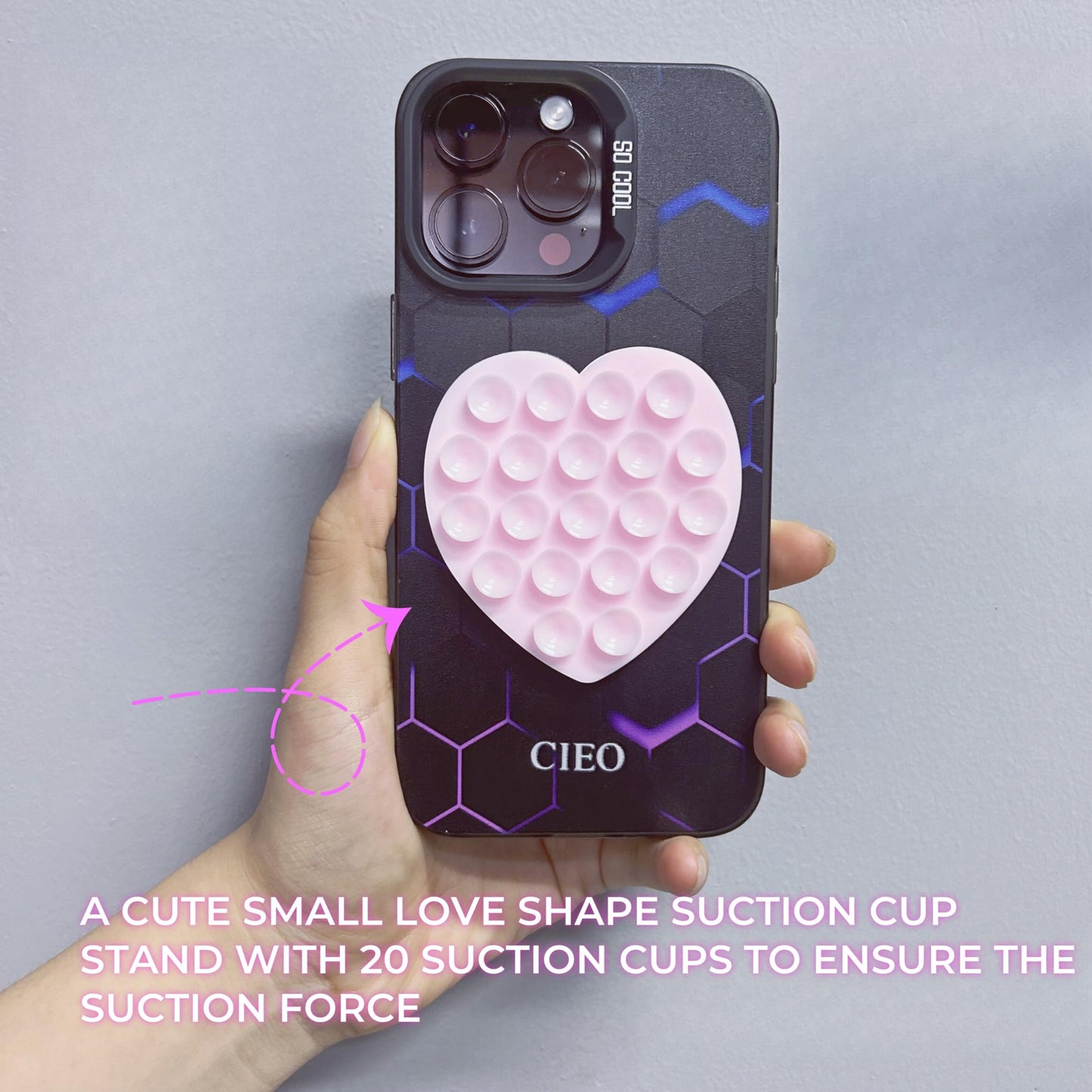 CIEO Silicone phone grip, strong suction, Heart-shaped phone holder,suitable for selfies and videos on mirrors, bathrooms and smooth surfaces