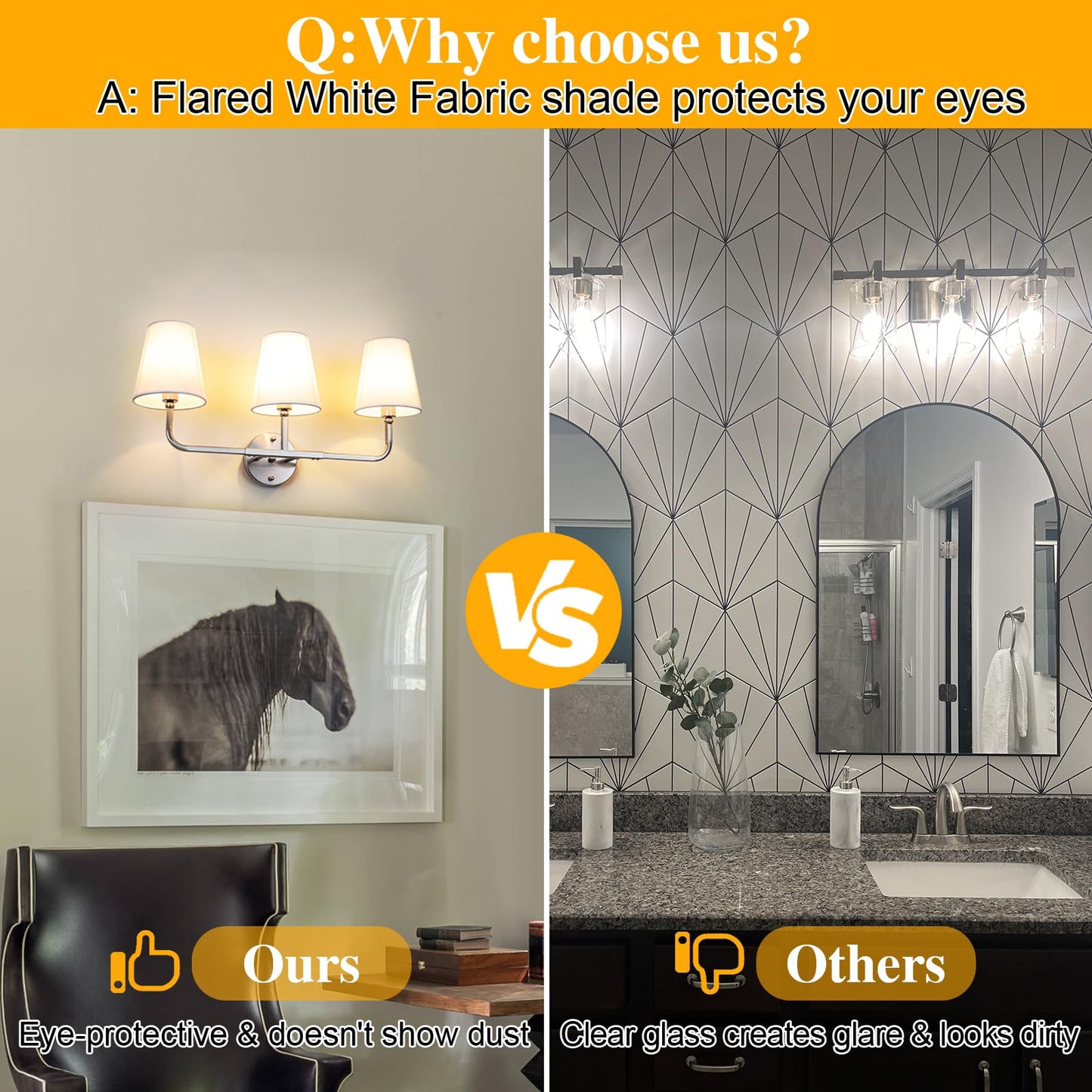 Bathroom Light Fixtures, 3-Light Wall Sconce, Brushed Nickel Vanity Lights Over Mirror with Flared White Fabric Shade, Modern Sconces Wall Lighting