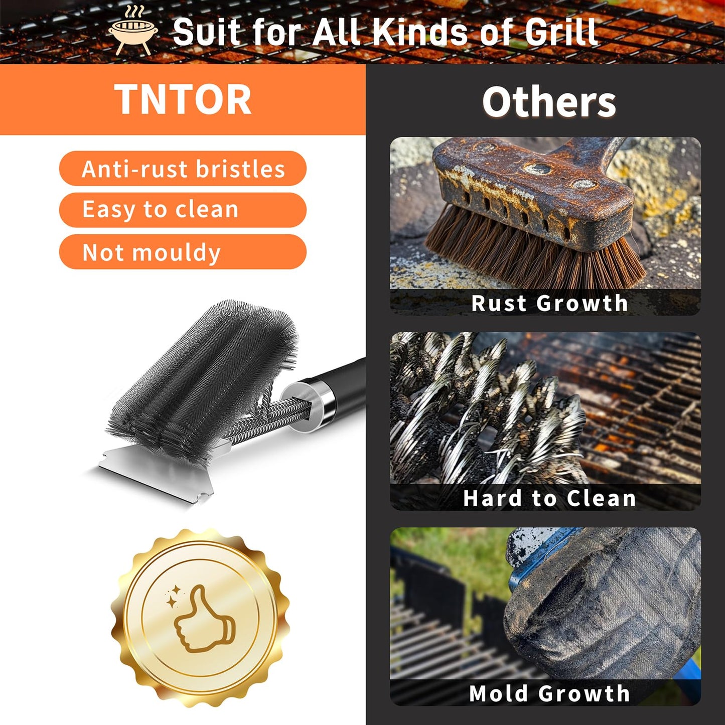 TNTOR 18" Grill Brush with Scraper – Adjustable Handle BBQ Cleaner for Gas, Charcoal & Smoker Grills, Great Gift for Dad
