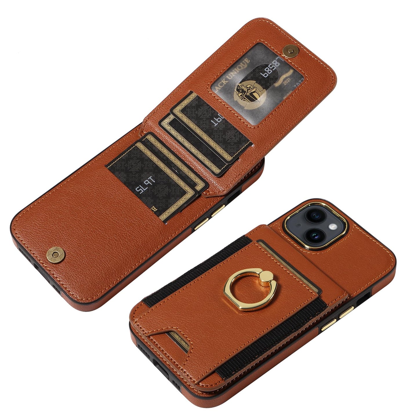 S. Tedazo for iPhone 15 Wallet Case with Credit Card Holder and 360° Rotation Ring Stand, RFID Block Flip Leather Shockproof Cover for iPhone 15-Brown