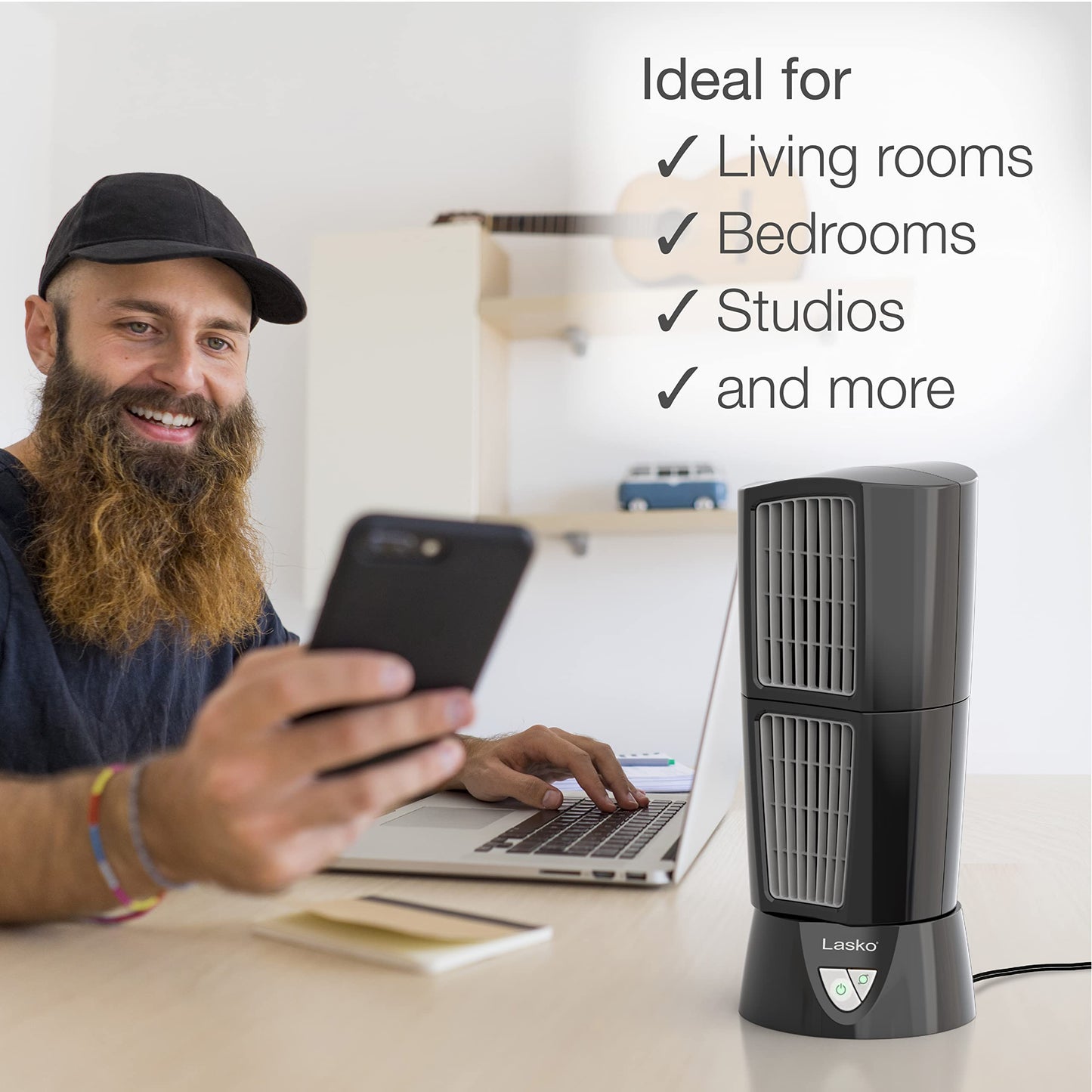 Lasko Oscillating Platinum Desktop Wind Tower Fan, 3-Speeds, Compact, Portable with Handle for Office, Bedroom and Kitchen, 14", Black, 4916