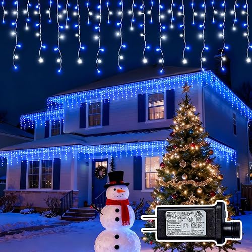 BYIZO Christmas Outdoor Icicle Lights - 480 LED 66+33 FT 8 Modes Curtain Fairy String Light Plug in, Waterproof for Eaves Yard Holiday Xmas Holiday
