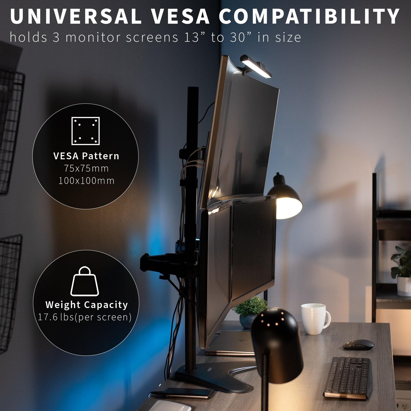 VIVO Triple LCD LED Computer Monitor Desk Stand, Free Standing Heavy Duty Fully Adjustable Mount for 3 Screens up to 30 inches STAND-V003E