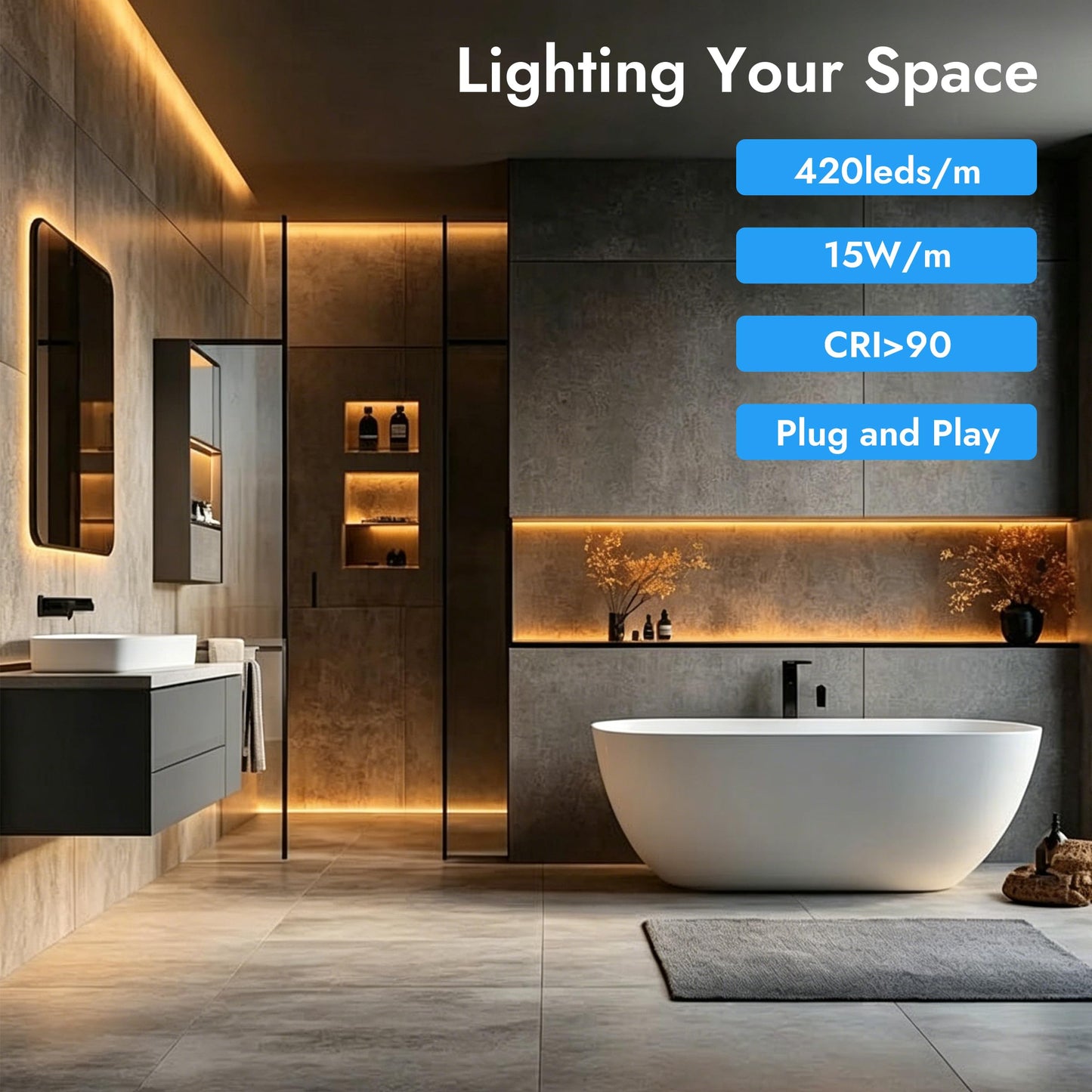 UPONELED COB LED Strip Light Outdoor 16.4ft 3000K Warm White,High Voltage 110V Plug in LED Rope Light Outdoor Waterproof, High Density Flexible LED