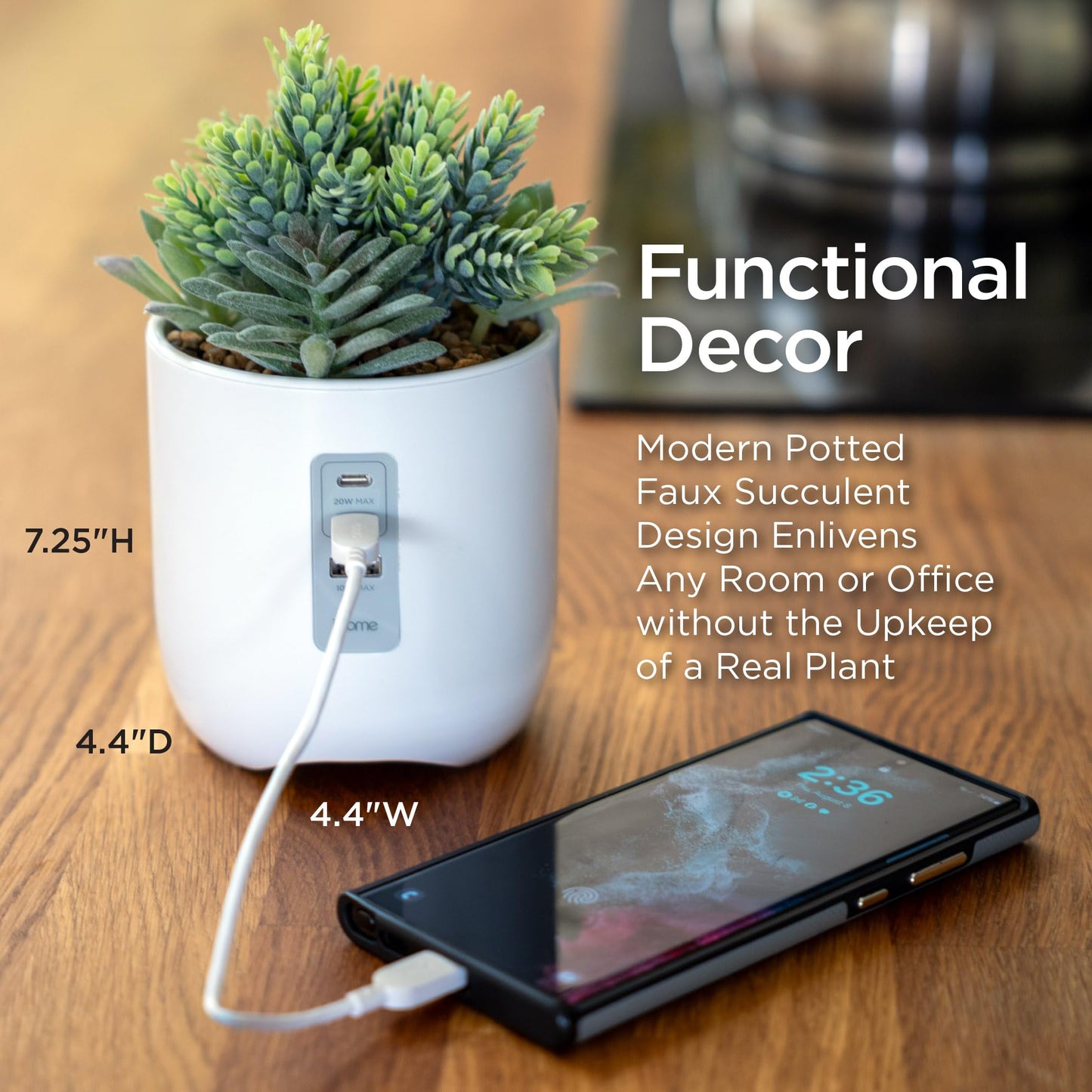 iHome PowerPlant Charging Station, Faux Succulent with USB Charging Station for iPhone, Android, and More - White (iPP45)