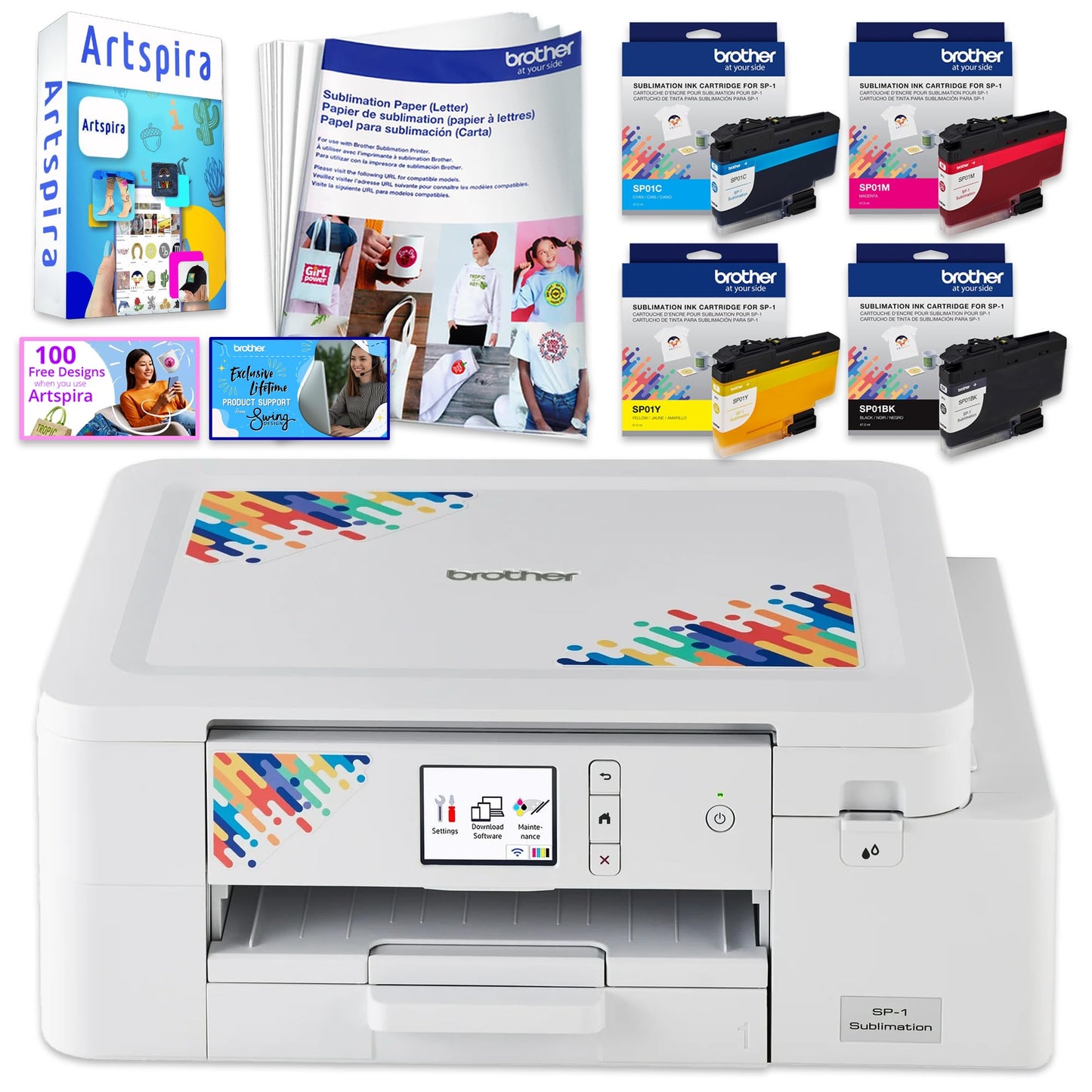Brother SP-1 Sublimation Printer Bundle with PE900, Full Ink Set, 160 Sublimation Transfer Sheets, 50 Blanks, Tape and More