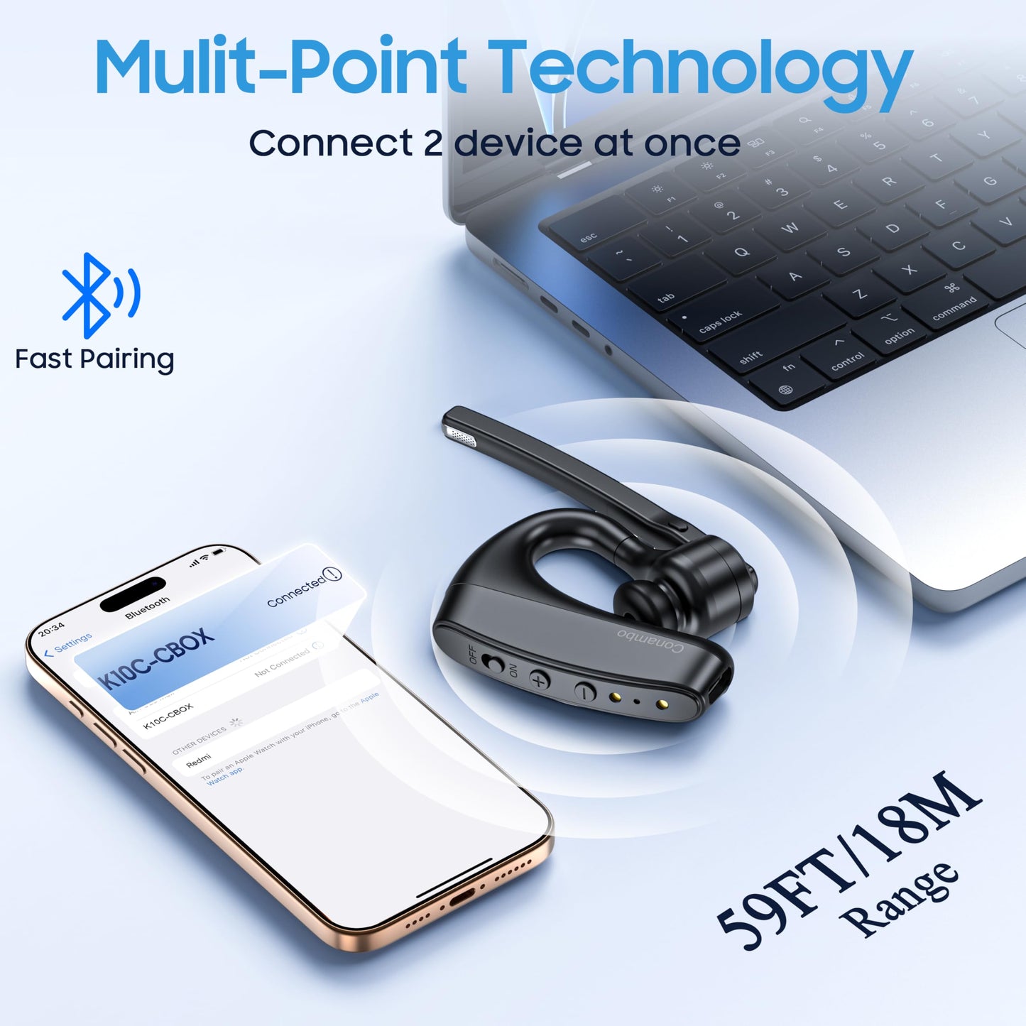 Conambo Bluetooth Headset V5.2 Wireless Bluetooth Earpiece with 750mAH Charging Case 80Hrs Talktime Wireless Headset with CVC8.0 Dual Mic Noise