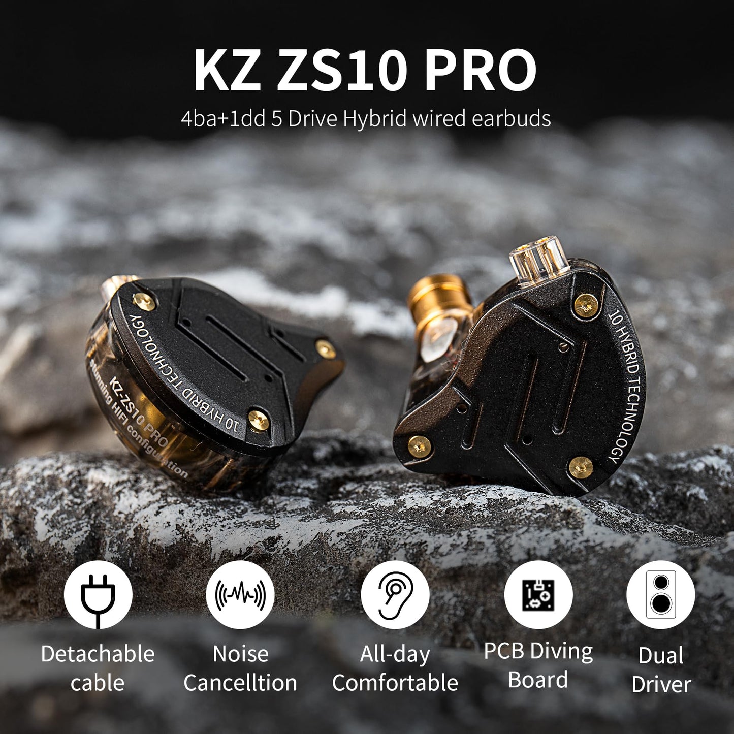 KZ ZS10 Pro in Ear Monitor, IEM Earbuds Headphone, Gaming Earbuds with 4BA and 1DD Drivers, KZ HiFi IEM Earphone Upgraded ZS10 with Detachable 0.75mm