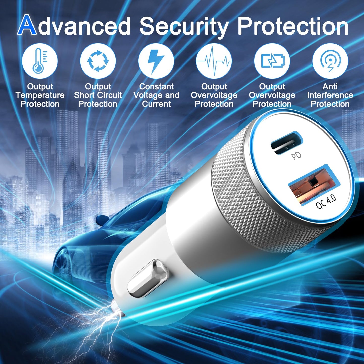Fast Car Charger and Carplay Cable, 48W Dual Port USB A and USB C Car Charger Adapter with 2Pack High Speed Charging L ightning Cable for i Phone