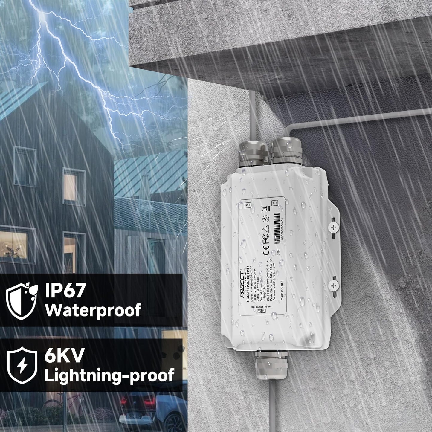 PROCET Gigabit PoE Injector 30W Outdoor IEEE802.3AT, 6KV Surge Protection, Aluminum Alloy IP67 Waterproof, Wide Temp -40? to 149? for Unifi E7, Sisco